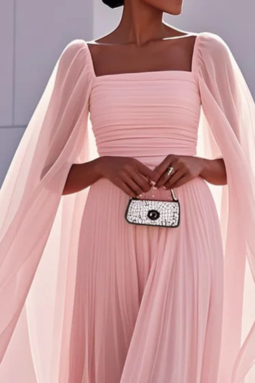 Pleated Chiffon A Line Maxi Dress with Square Neck