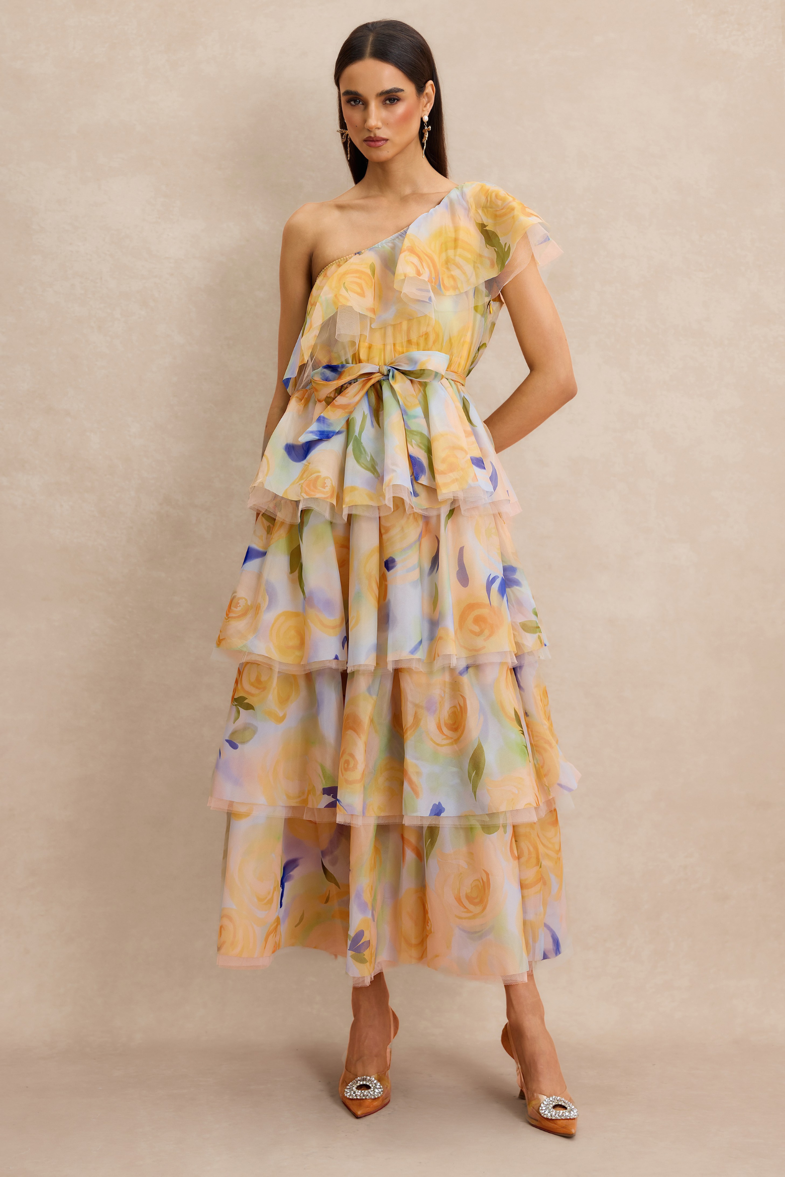 Sleeveless Floral Organza Midi Dress with One Shoulder Ruffle