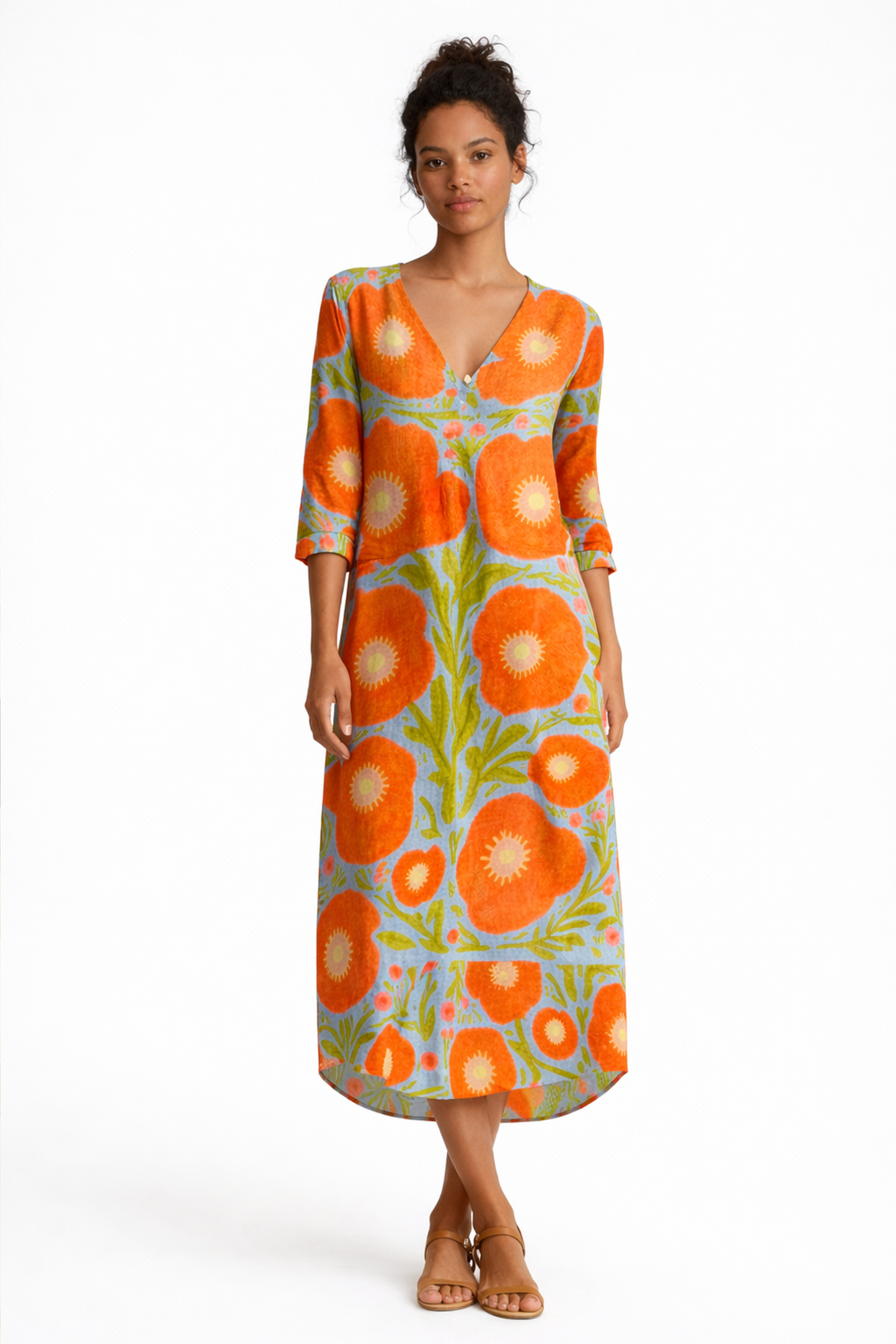 Vintage Floral Linen Dress with Abstract Art Print
