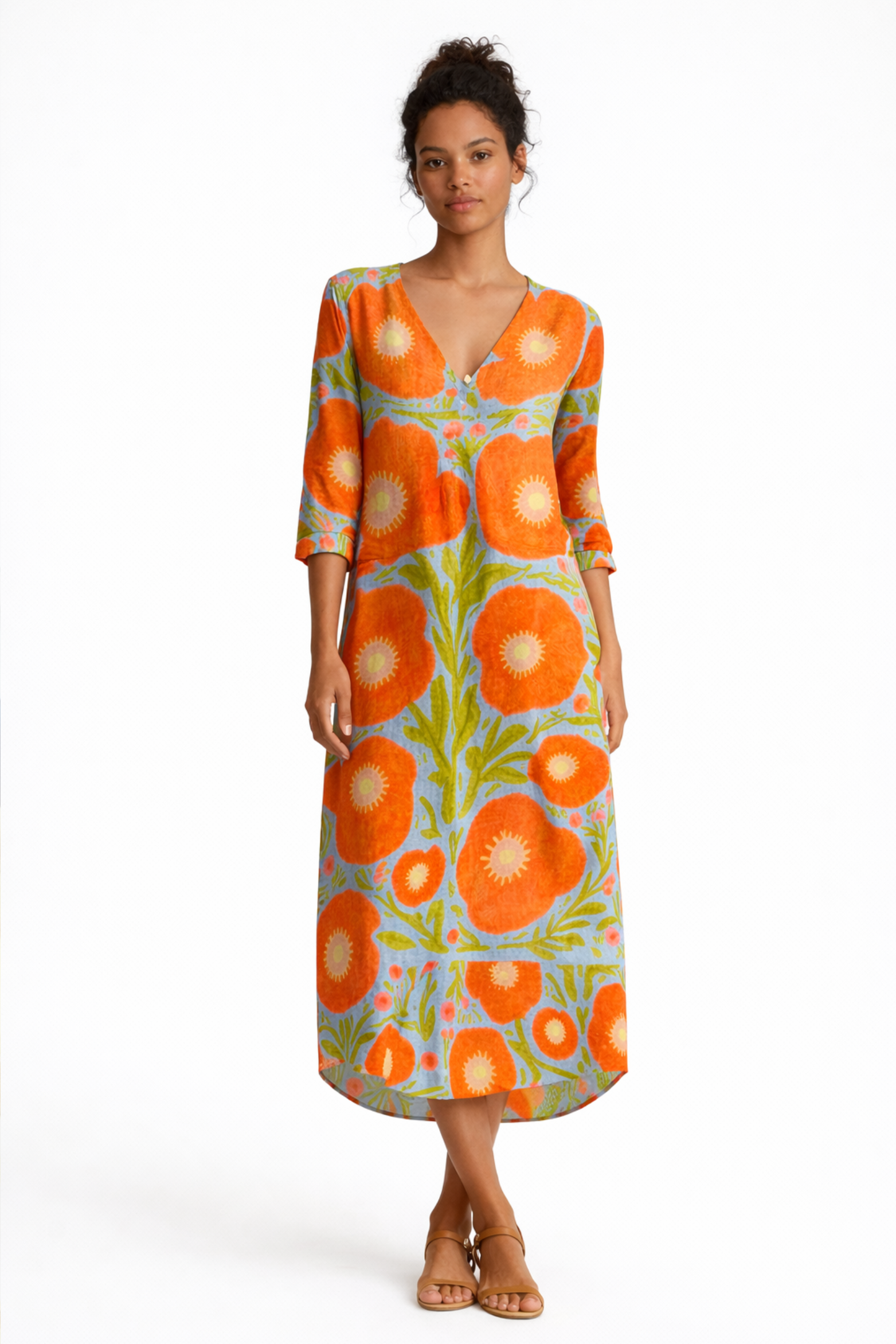 Vintage Floral Linen Dress with Abstract Art Print