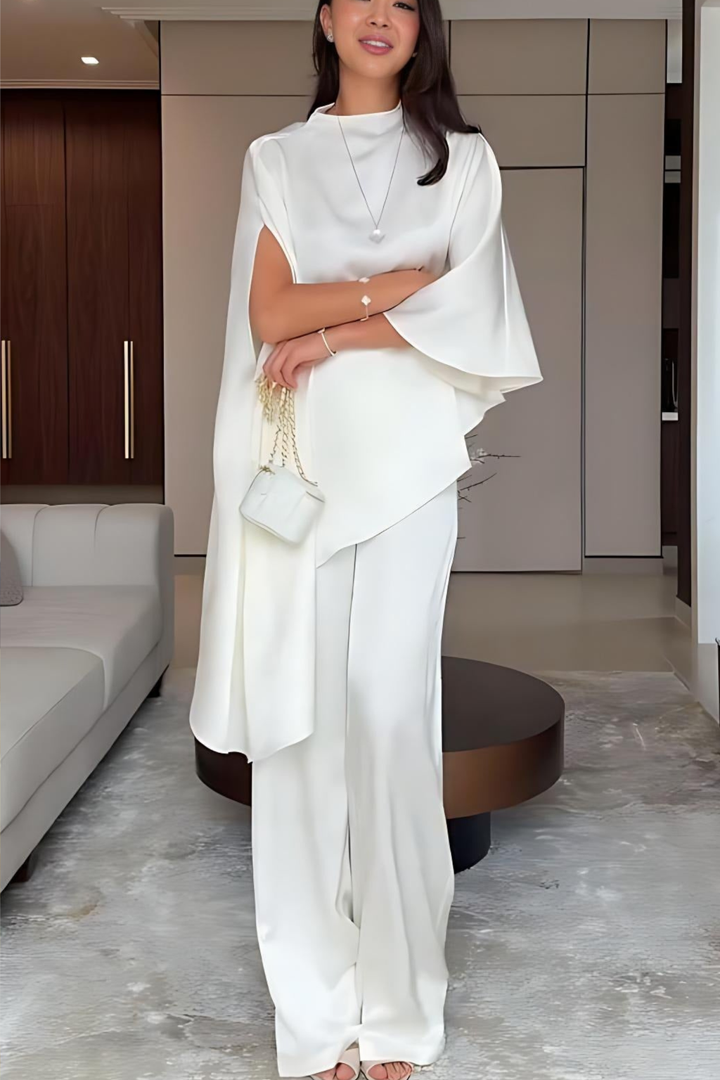Draped Cape Sleeve Wide Leg Pants Matching Set