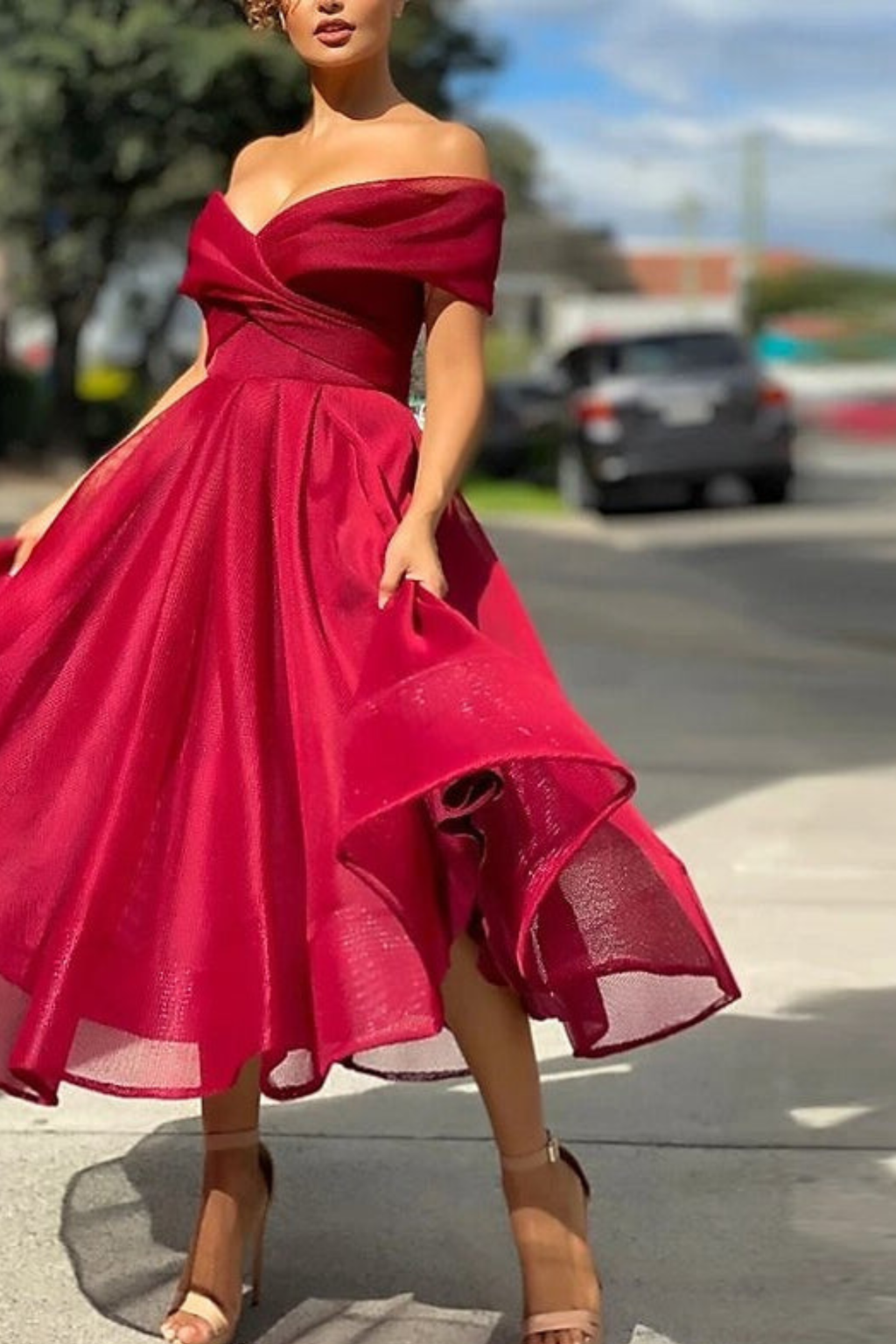 Off Shoulder A Line Tea Length Cocktail Dress
