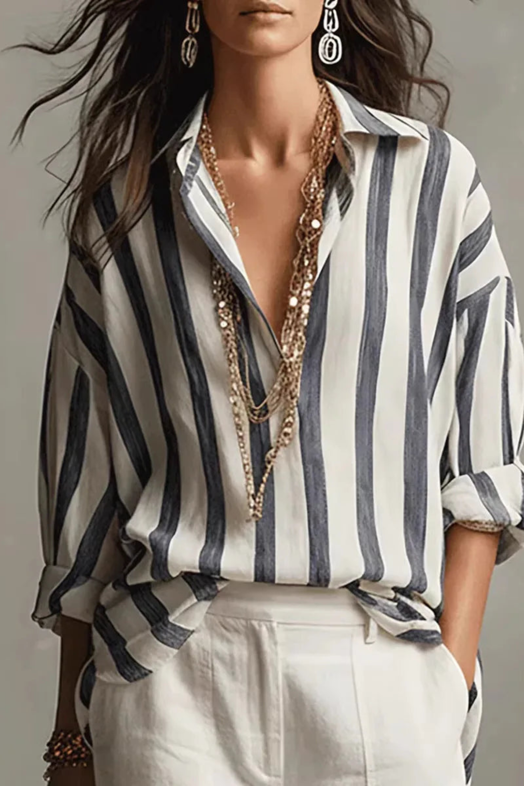 Striped Linen Blend Shirt with Classic Turn-Down Collar