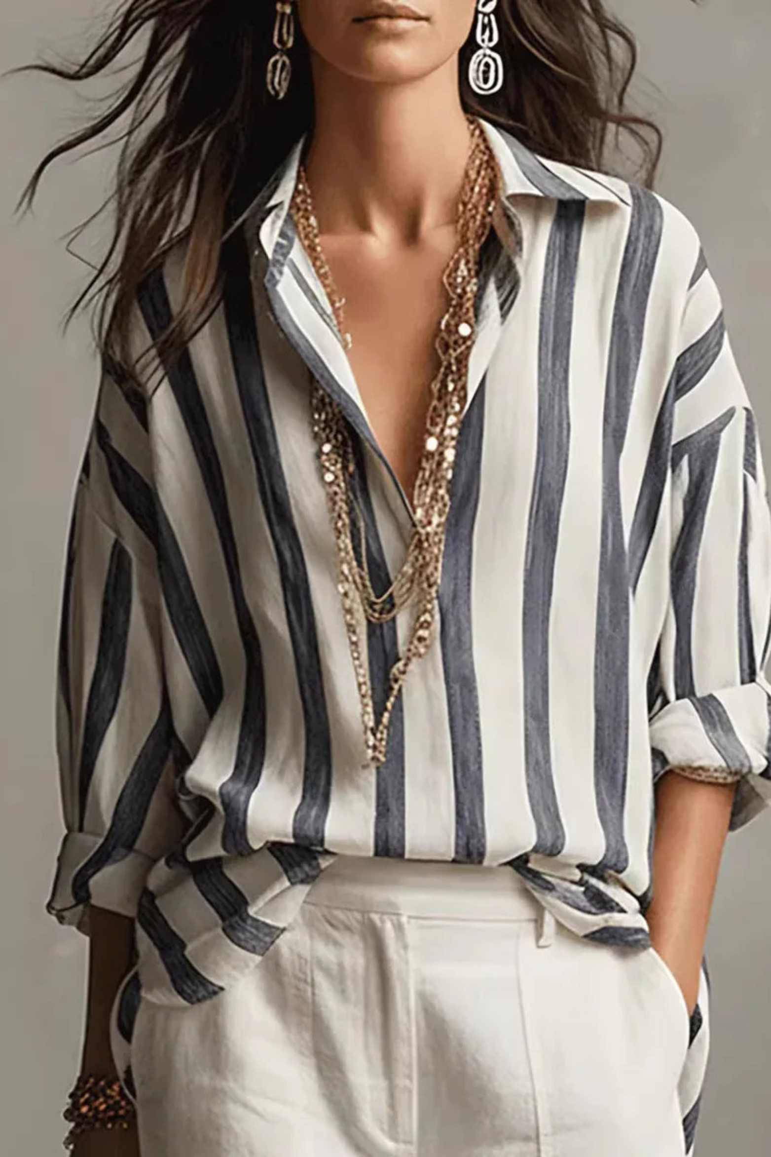 Striped Linen Blend Shirt with Classic Turn-Down Collar