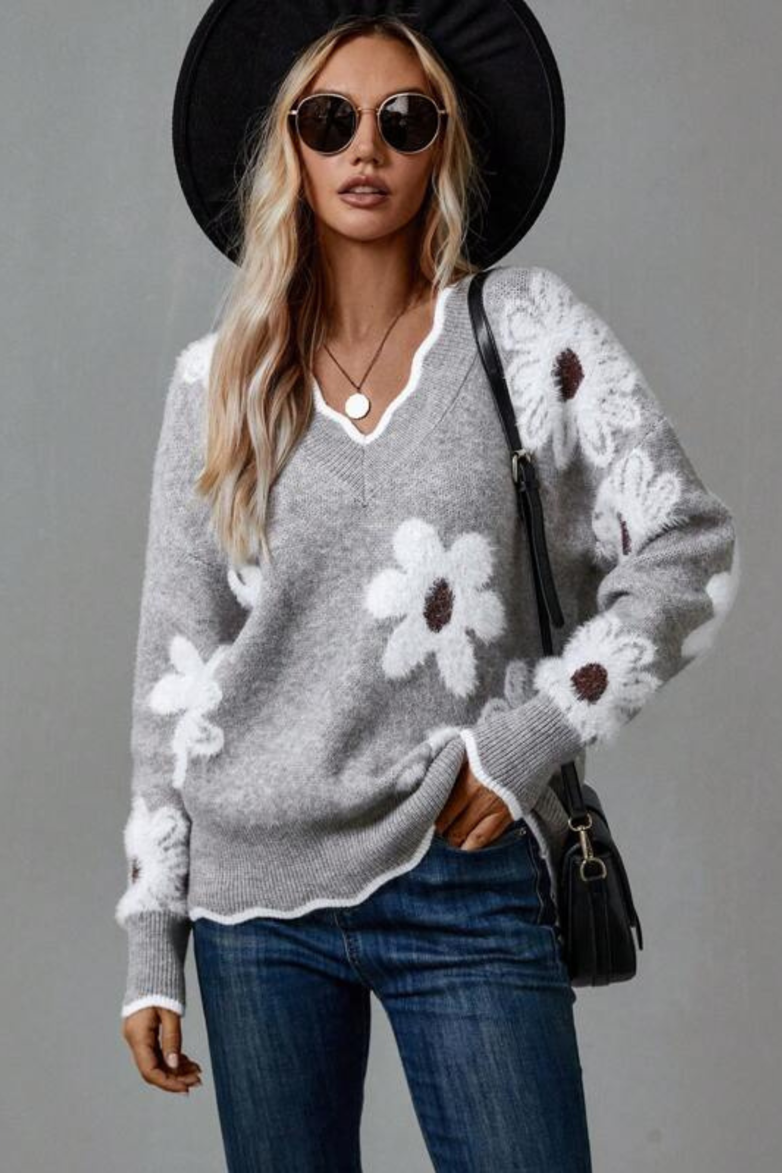 Women's Floral V Neck Knit Sweater