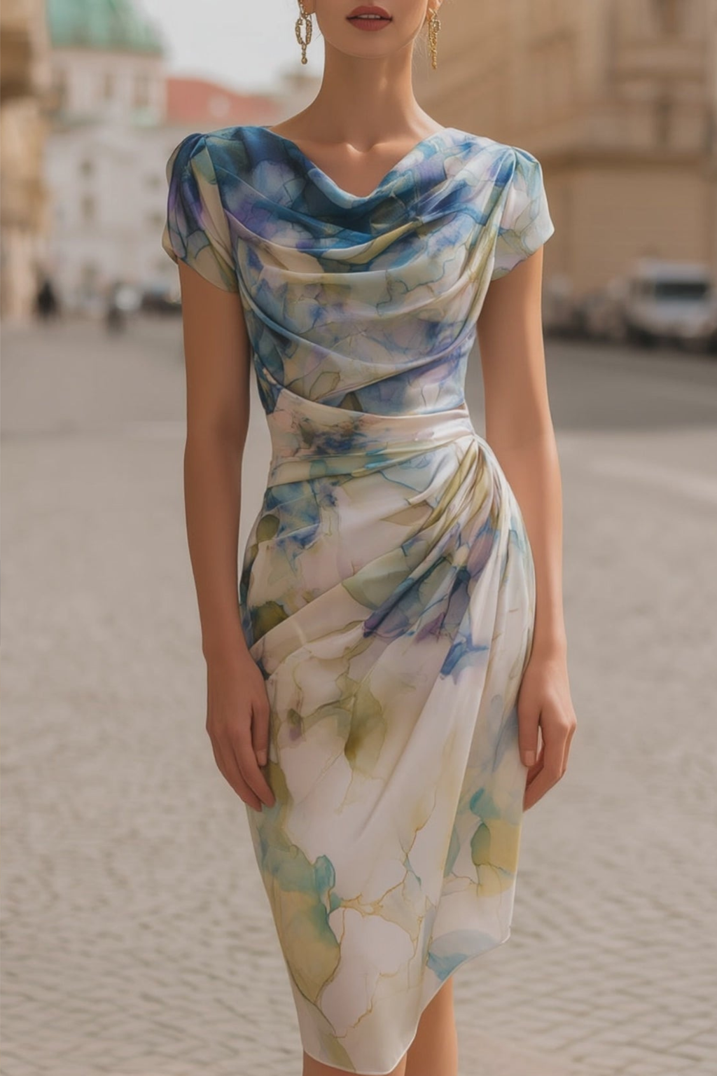 Fluid Print Cowl Neck Midi Dress