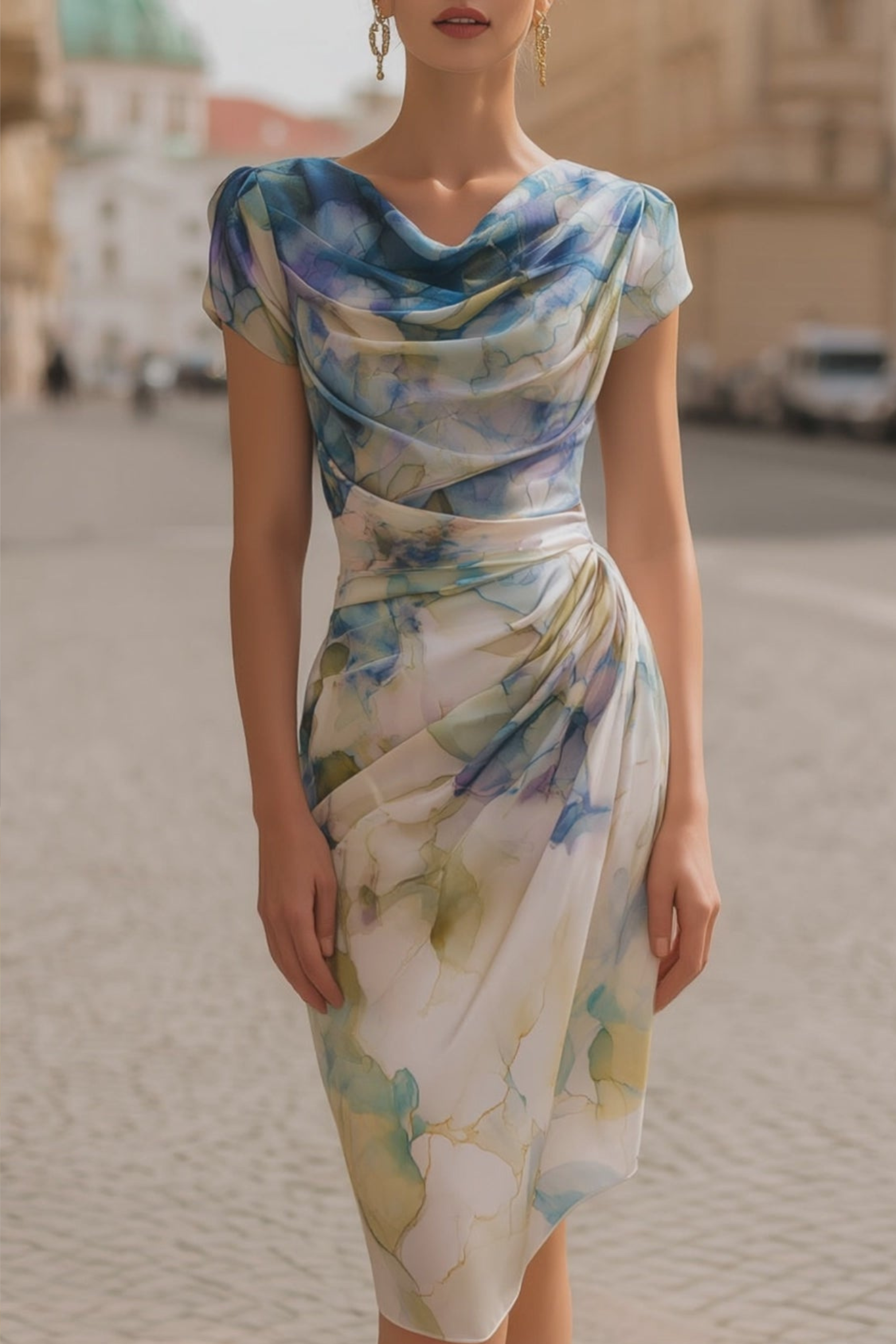 Fluid Print Cowl Neck Midi Dress