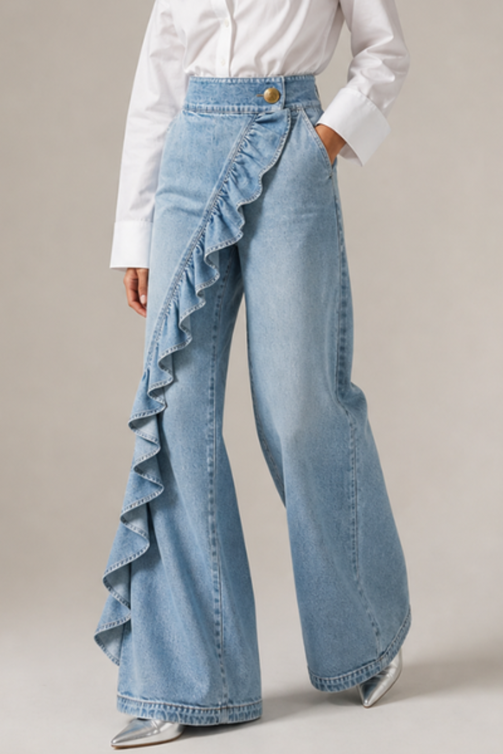 Asymmetrical Ruffle Mid Rise Wide Leg Jeans