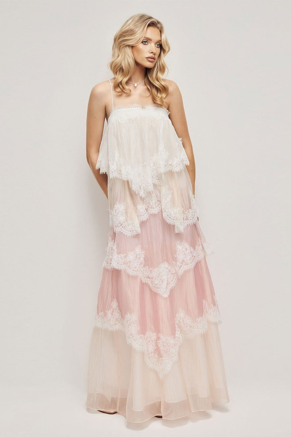 Ombre Lace Trim Maxi Dress with Tiered Skirt