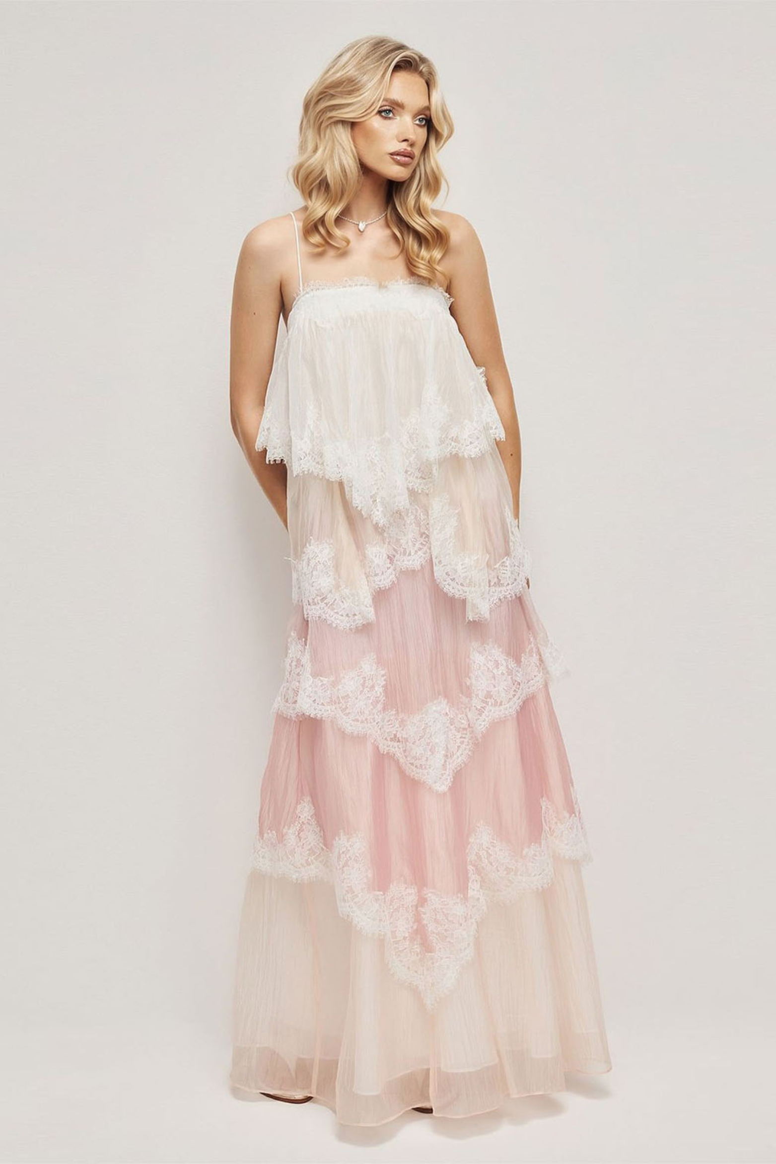 Ombre Lace Trim Maxi Dress with Tiered Skirt