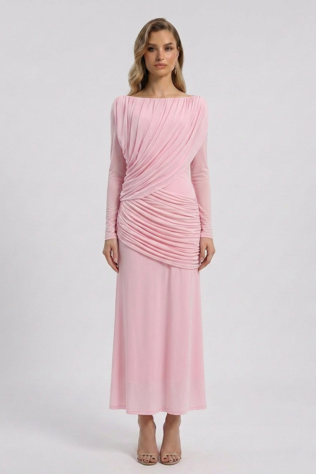 Off Shoulder Ruched Maxi Dress with Long Sleeves