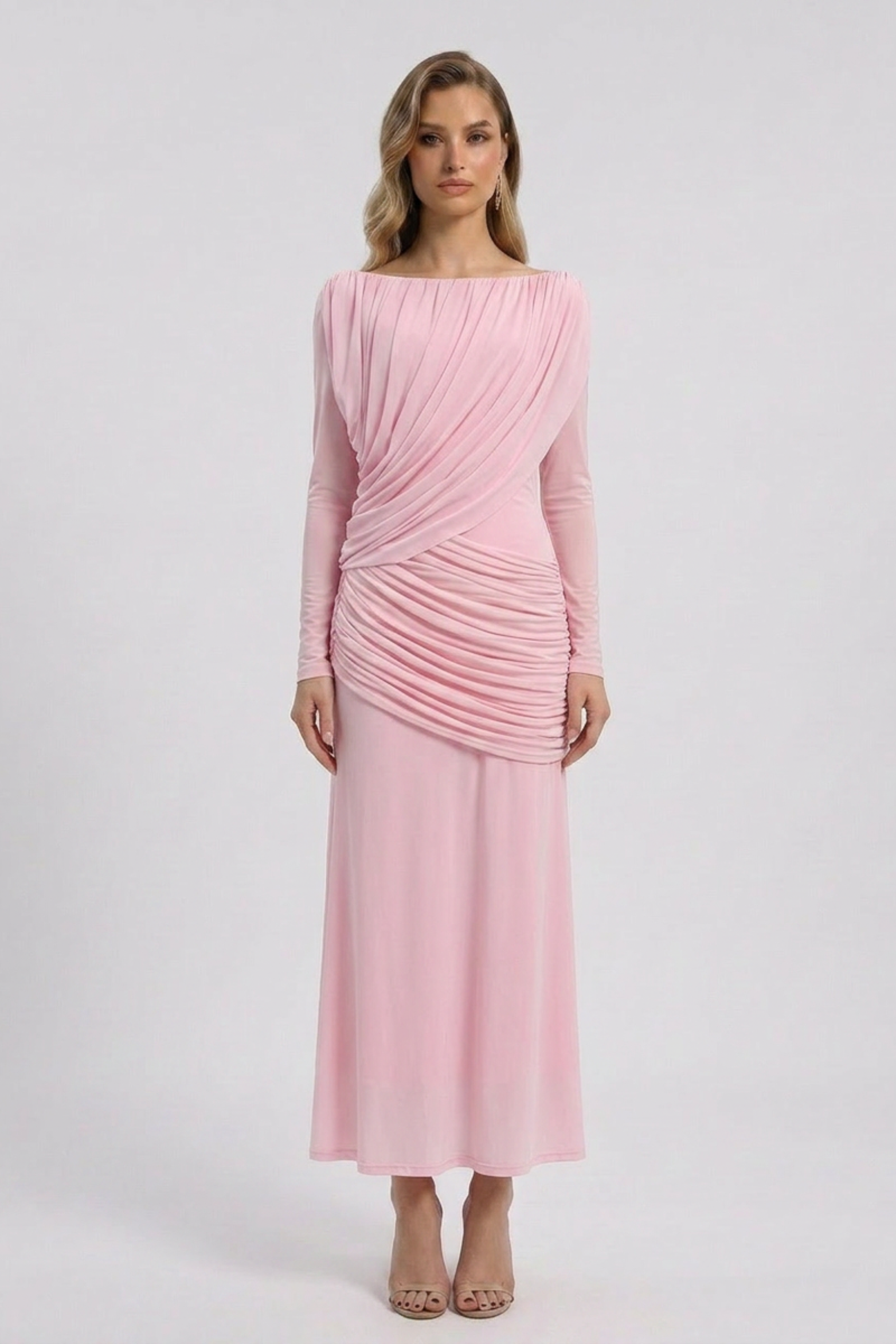 Off Shoulder Ruched Maxi Dress with Long Sleeves
