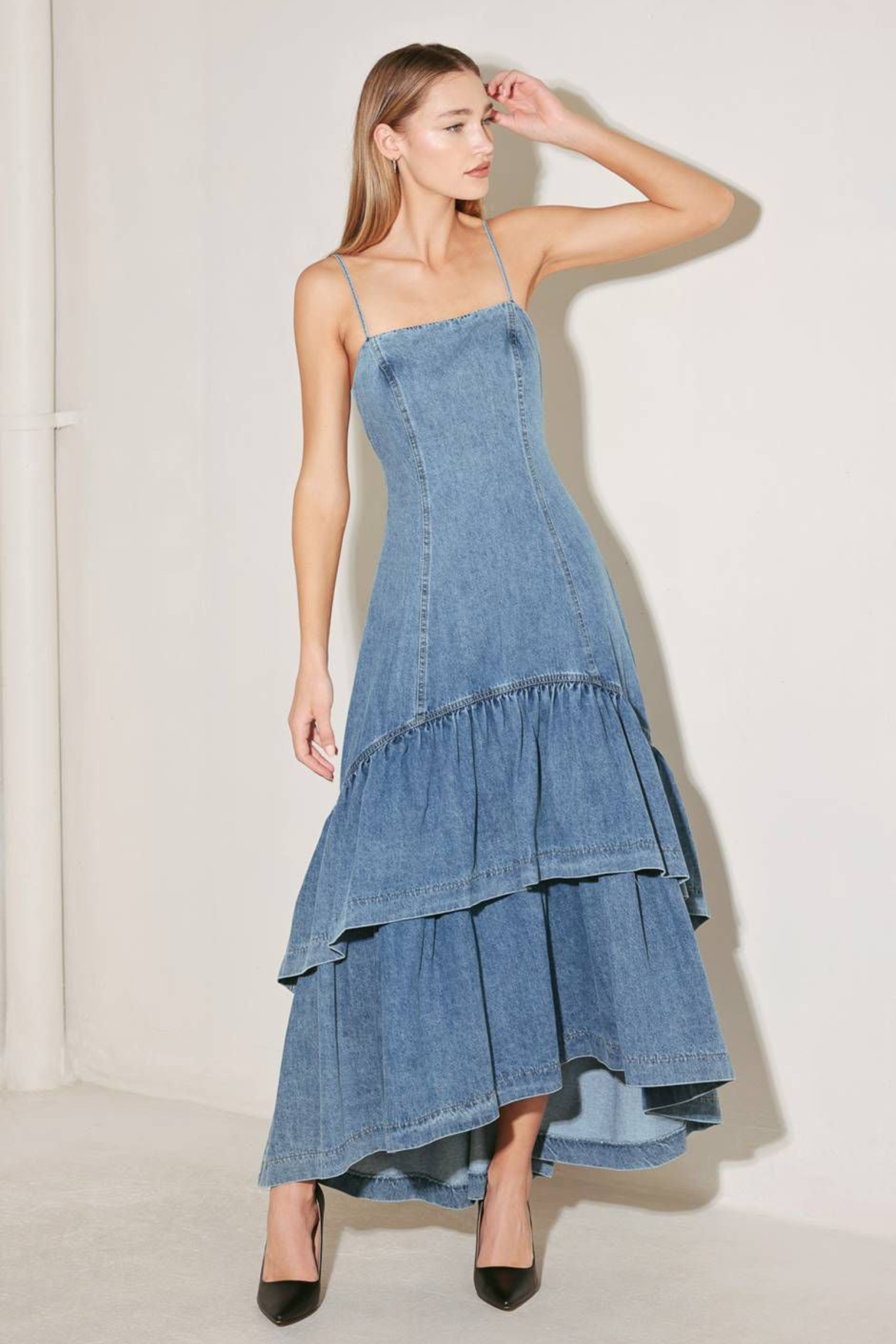 Denim Ruffle Hem Slip Maxi Dress with Back Zipper