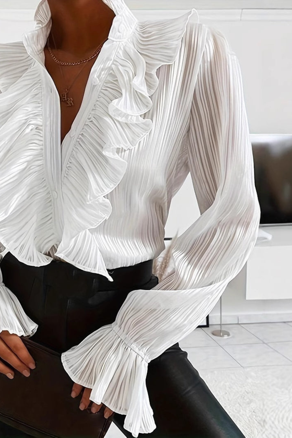 Pleated Ruffle Button-Up Shirt