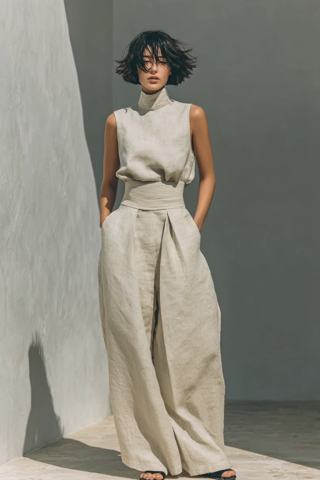 Linen Blend Sleeveless Top Wide Leg Pants Set