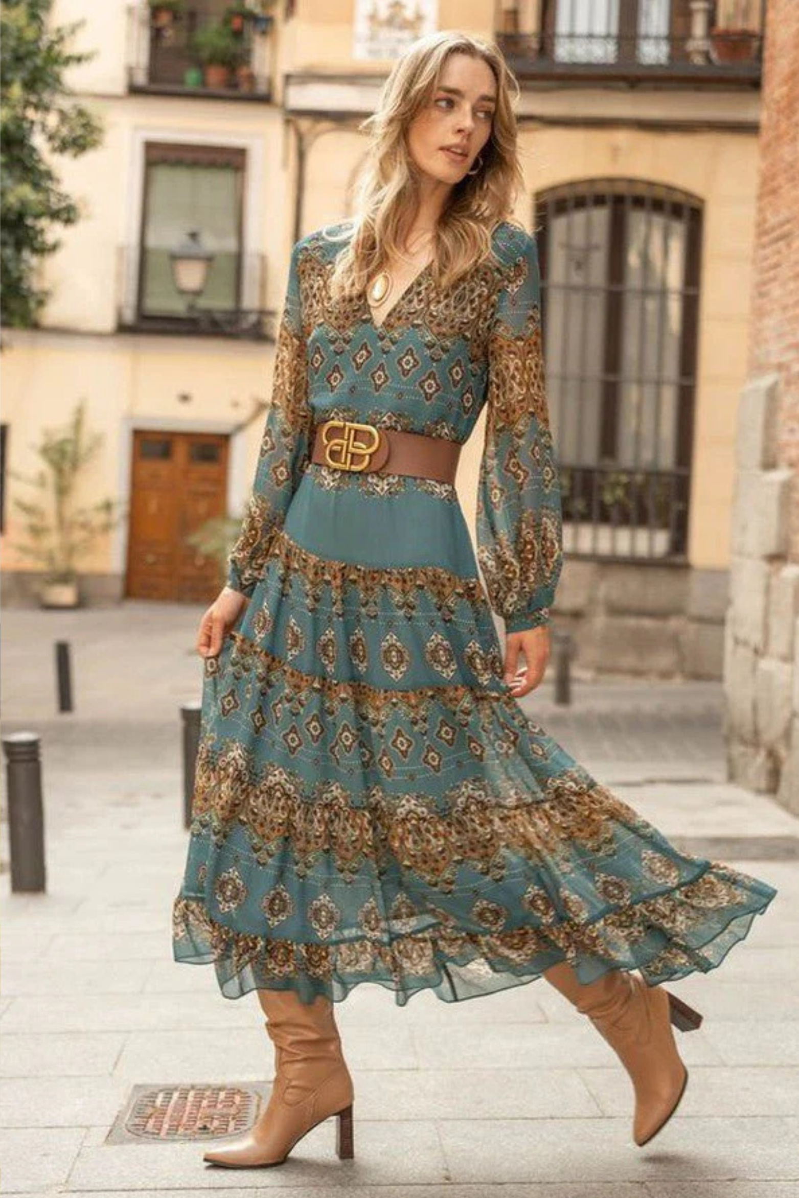 Boho Medallion Tiered Midi Dress