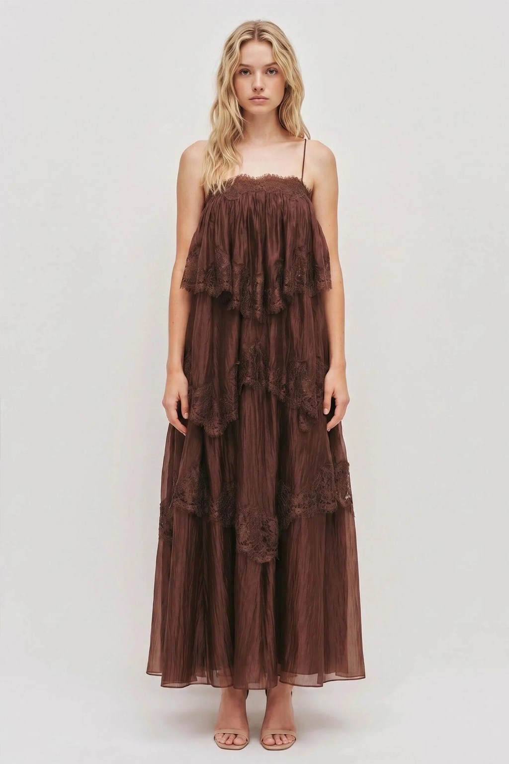Feminine Lace Tiered Maxi Dress