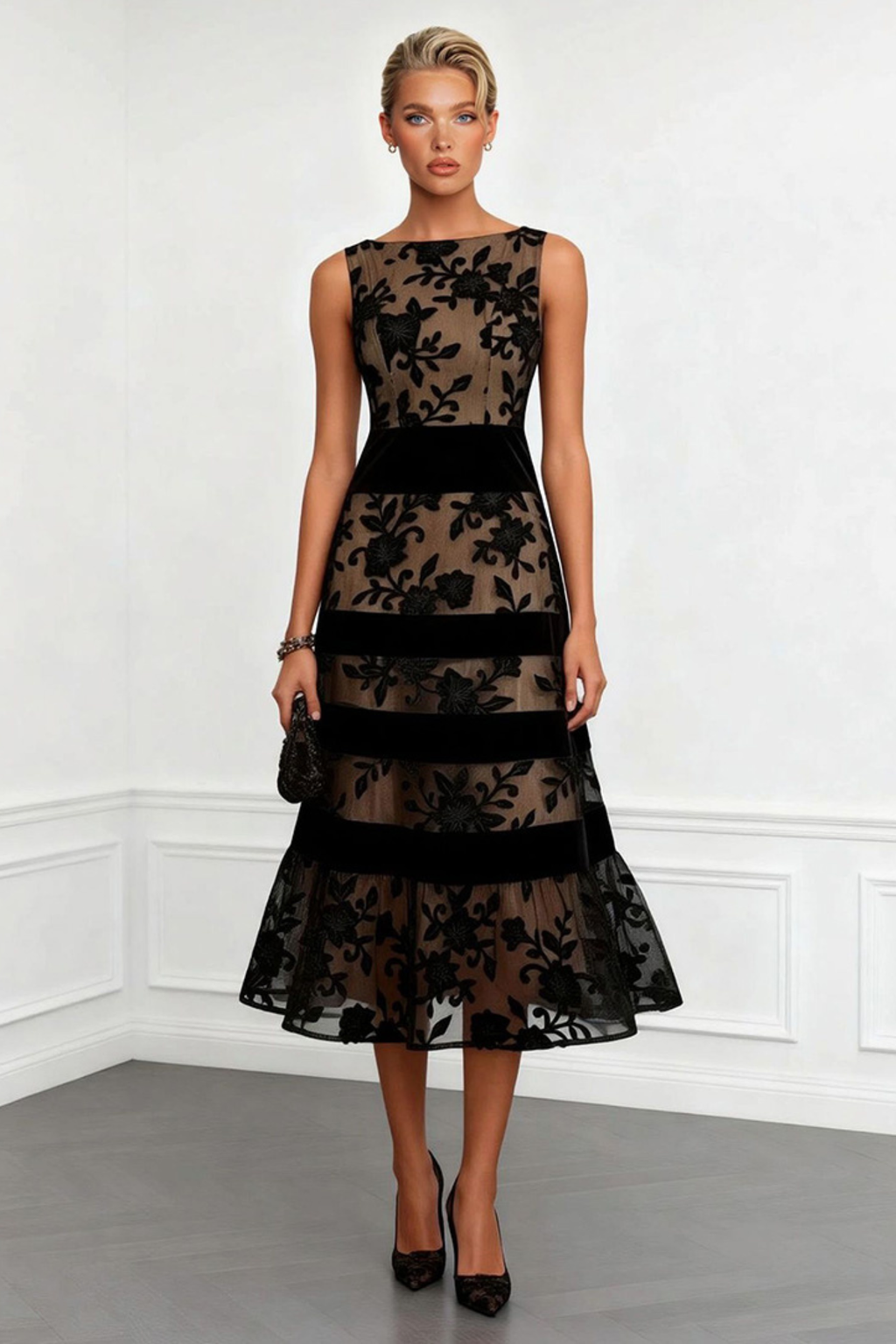 Floral Colorblock Mesh Lace Midi Dress