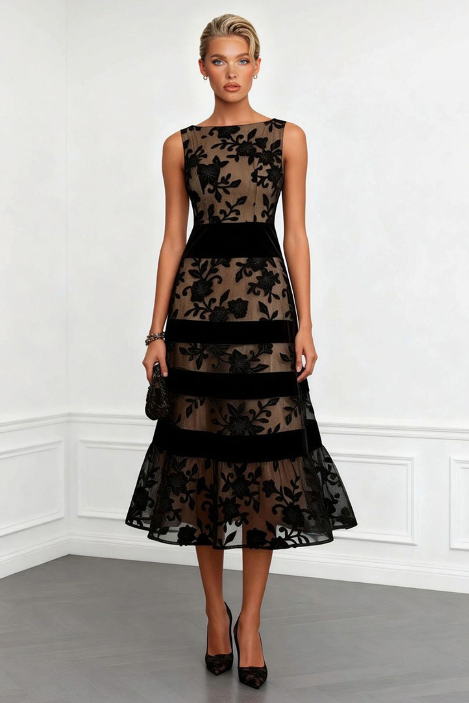 Floral Colorblock Mesh Lace Midi Dress