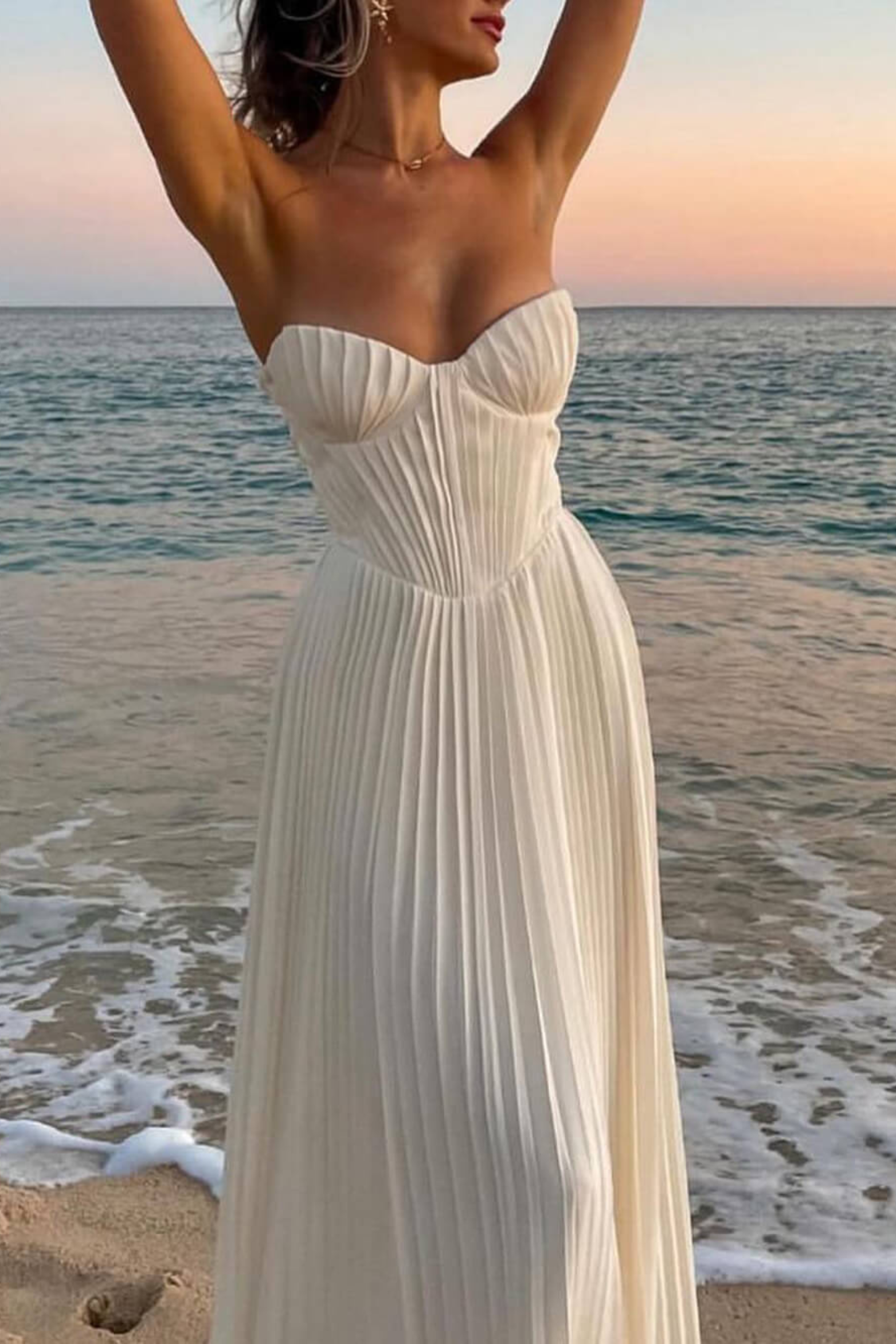 Pleated Strapless Maxi Dress with Flowing A-Line Silhouette
