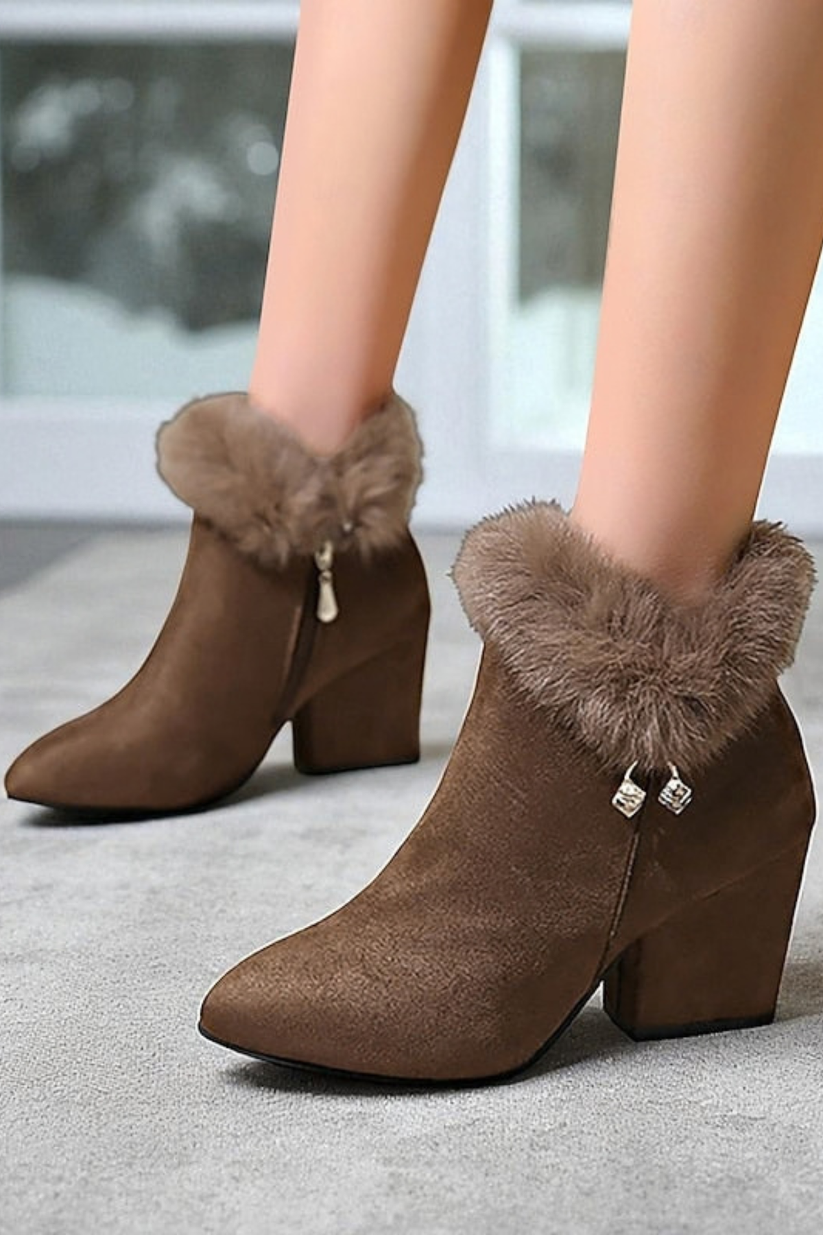 Fur Trim Block Heel Ankle Boots