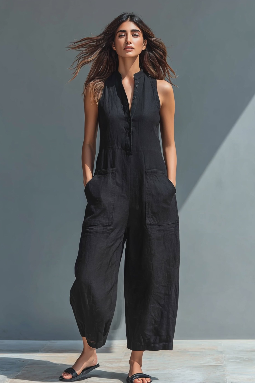 Linen Blend Stand Collar Sleeveless Loose Button Jumpsuit