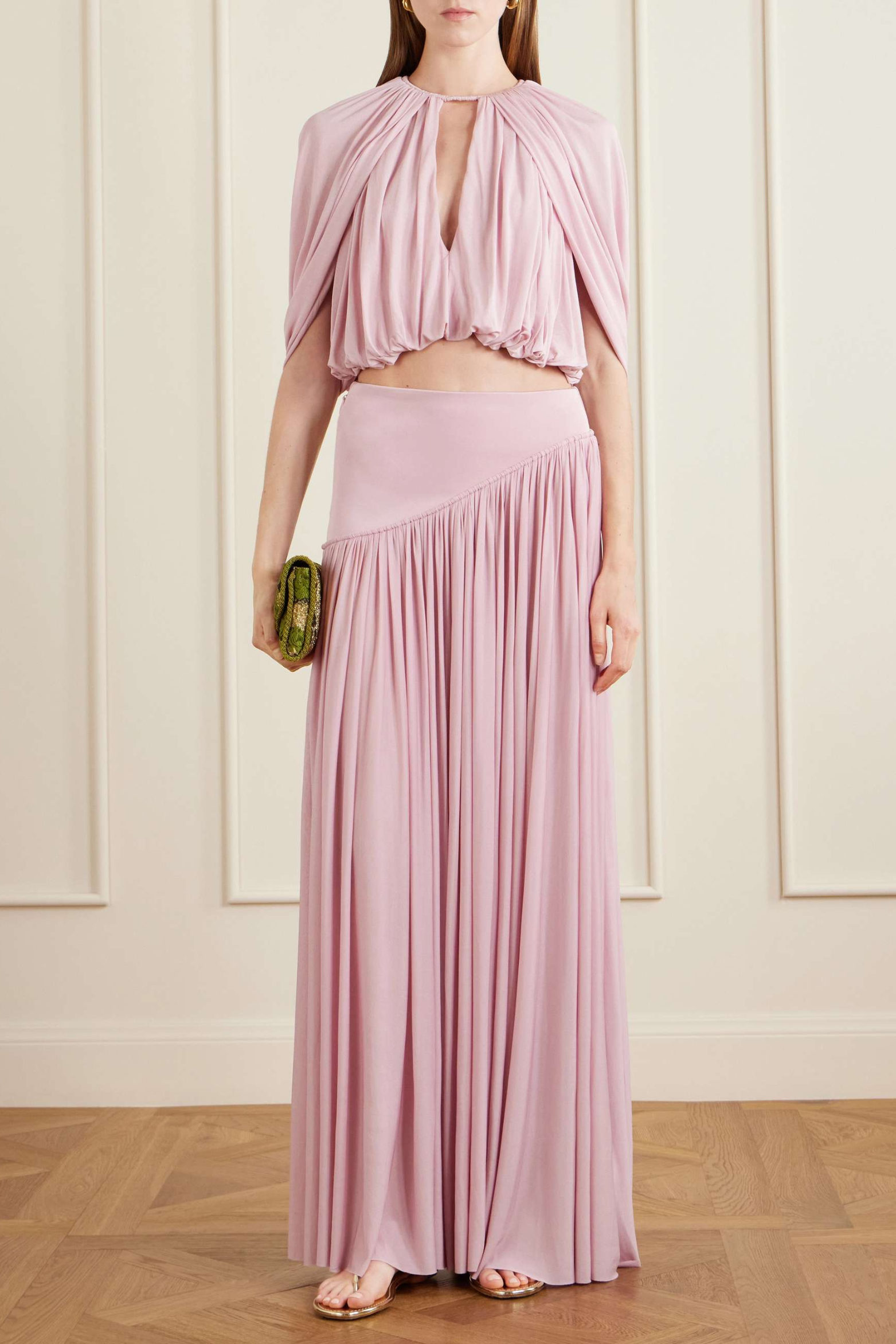 Cutout Ruched Crop Top and Pleated Maxi Skirt Set