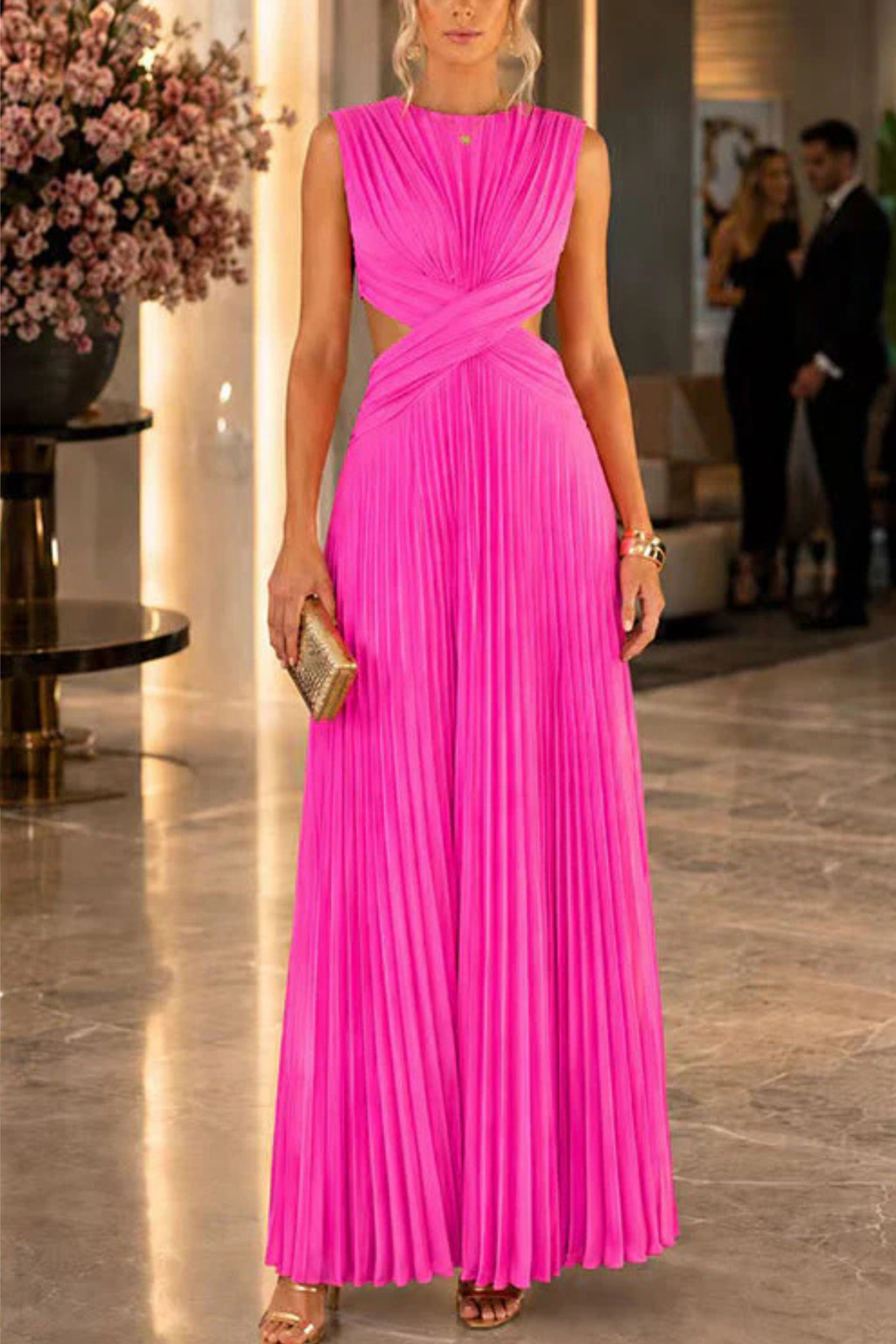 Pleated Open Back Sleeveless Maxi Dress