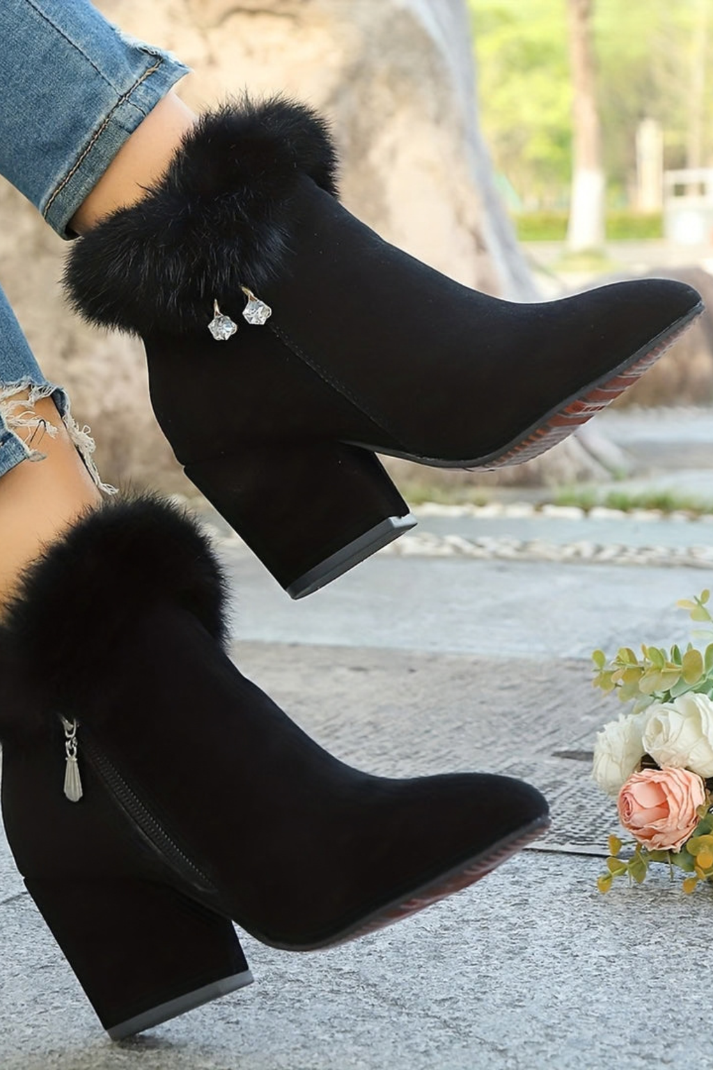 Pointed Toe Plush Trim Block Heel Boots