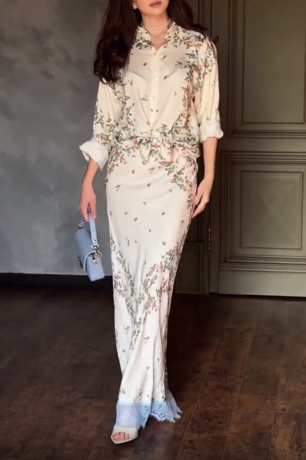 Floral Shirt Lace Hem Maxi Skirt Set
