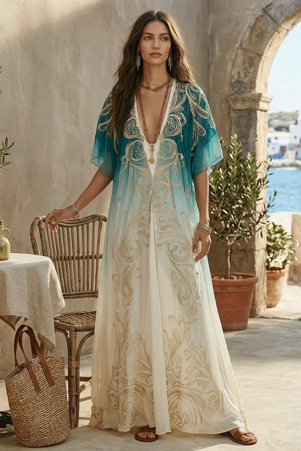 Aqua Ombre Kaftan Maxi Dress