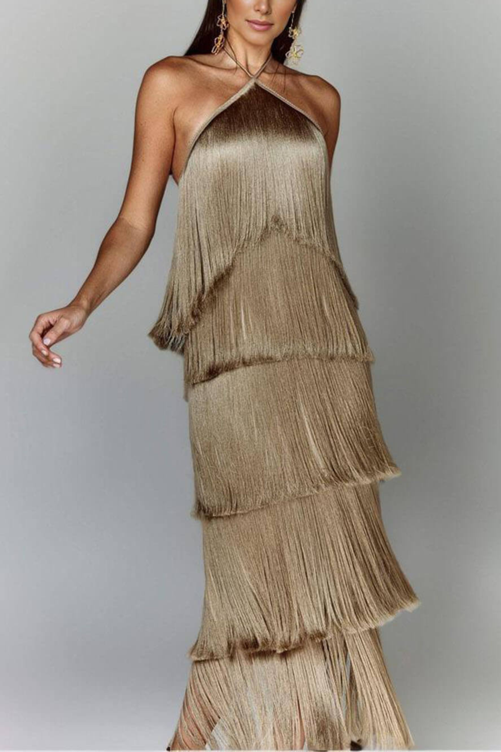 Halter Neck Tassel Backless Maxi Dress with Side Slit