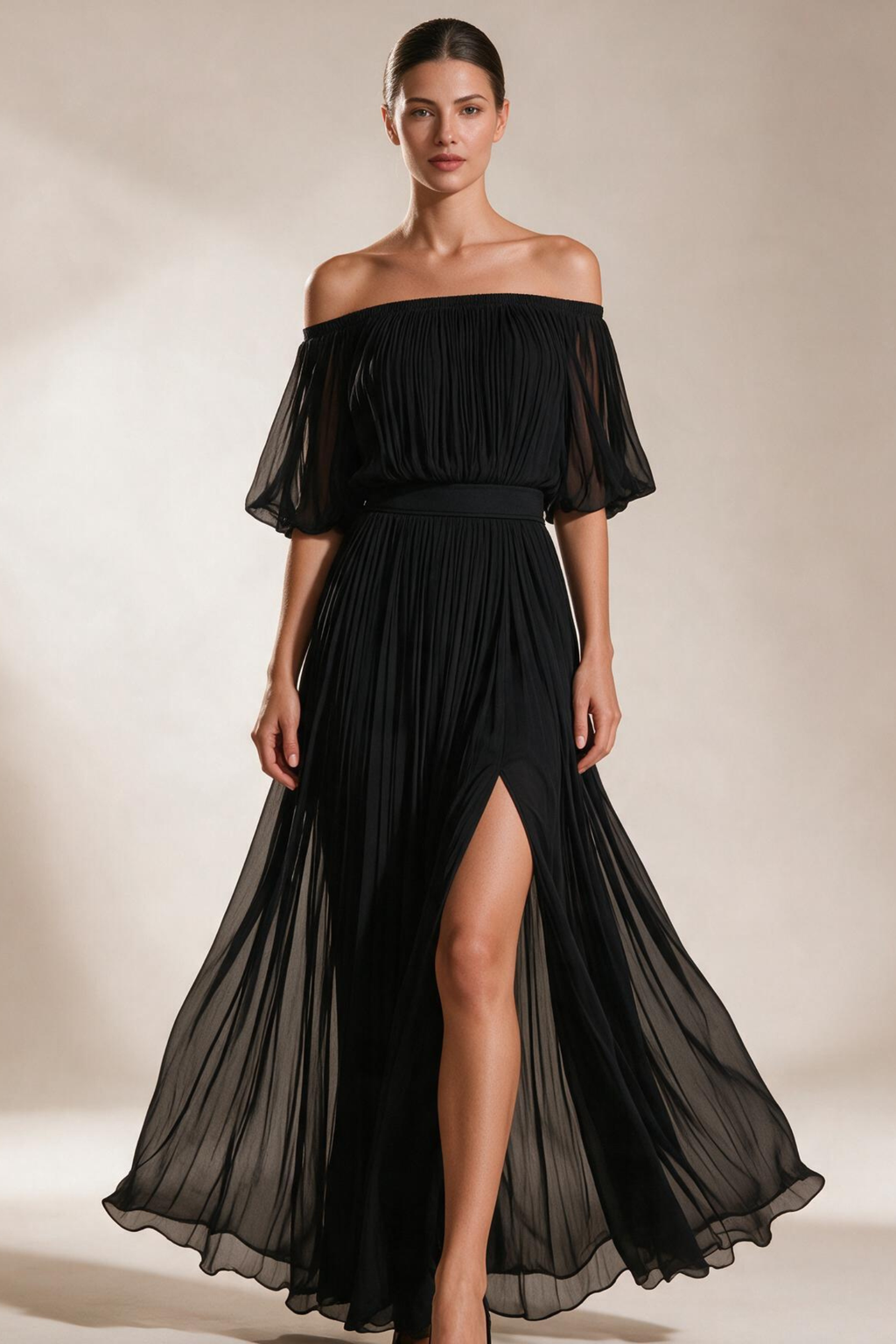 Pleated Chiffon Off Shoulder Maxi Dress