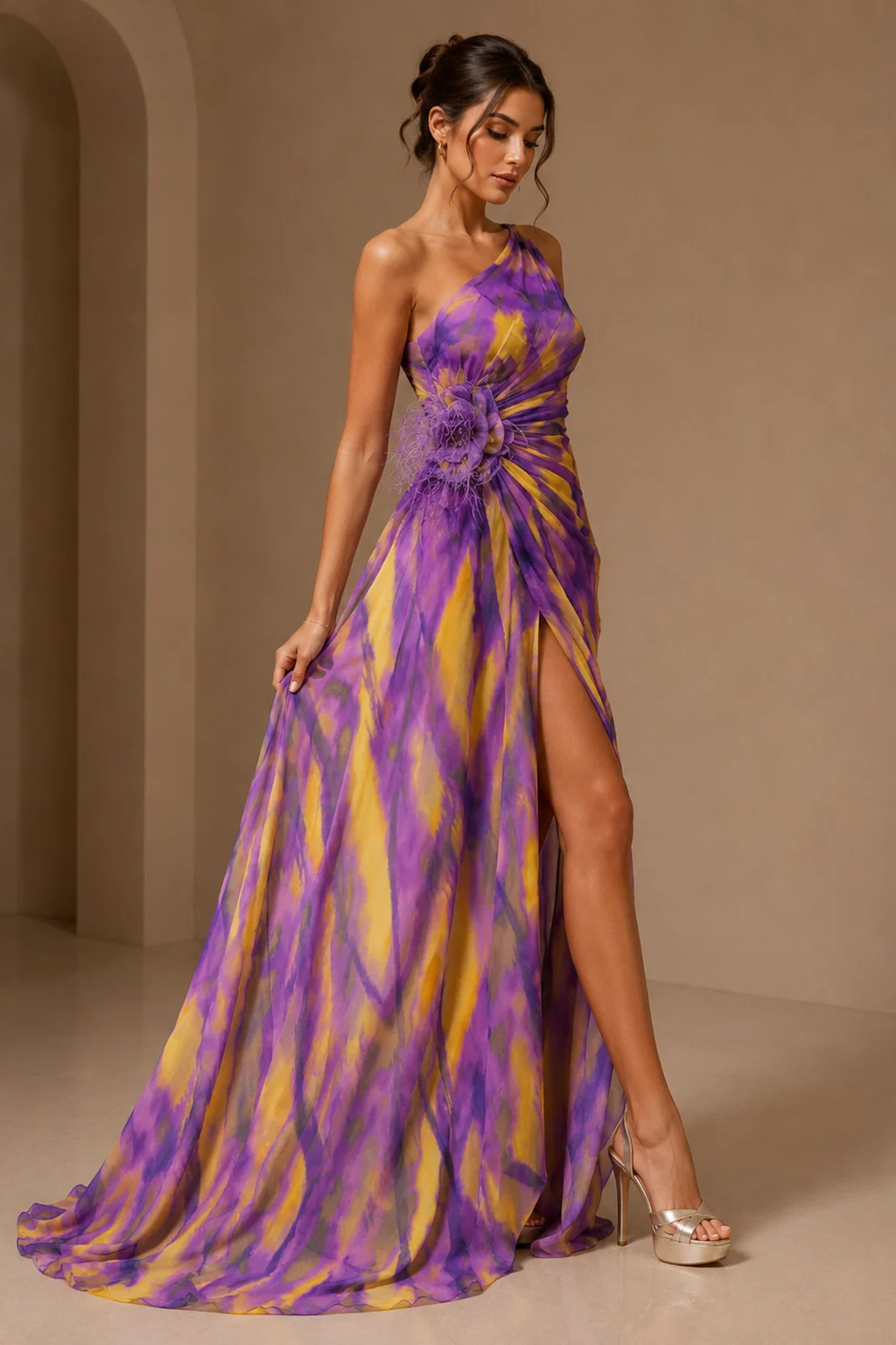 Abstract Print One Shoulder Maxi Dress
