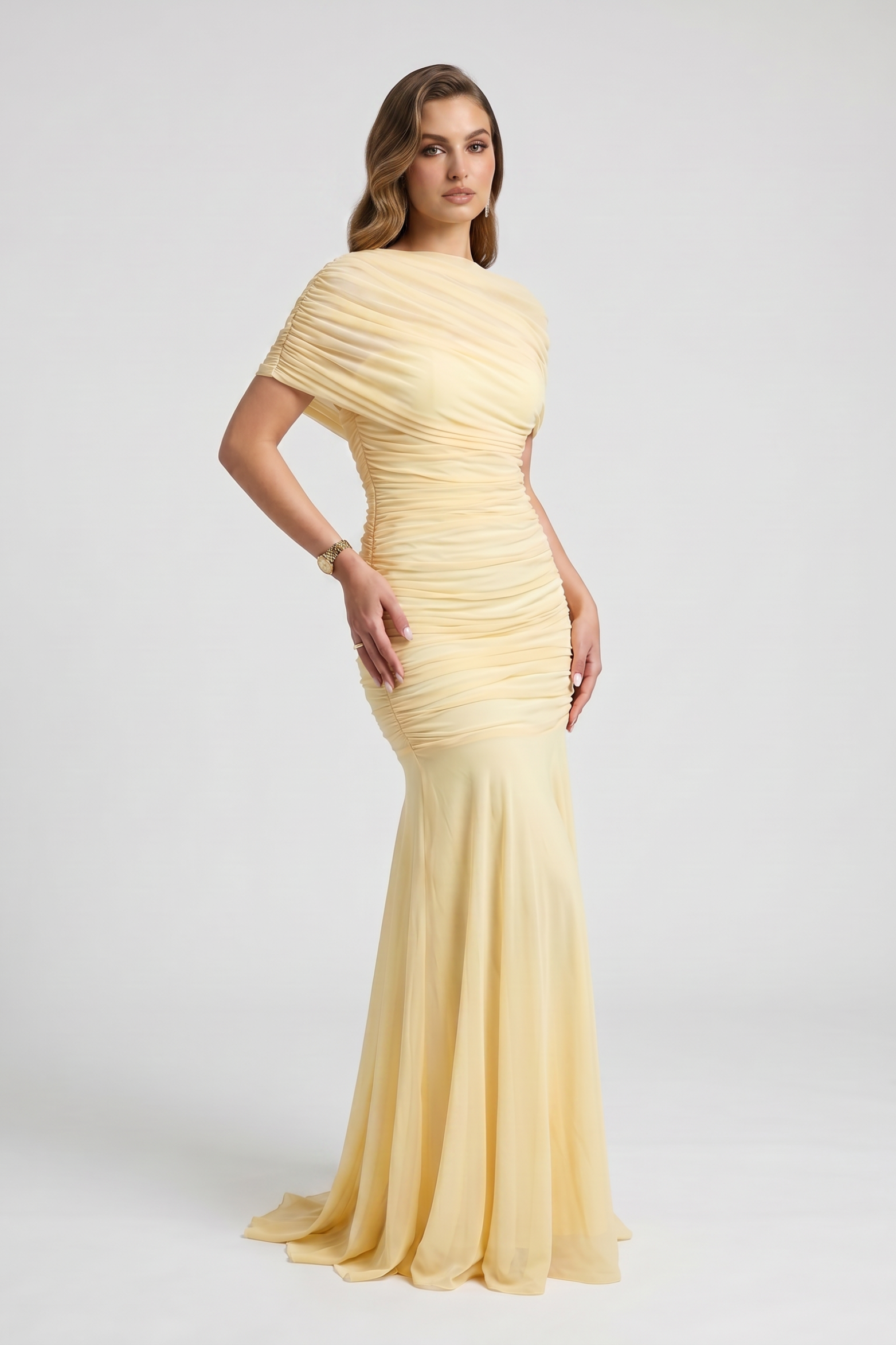 Ruched Mermaid Maxi Dress with Draped Neckline