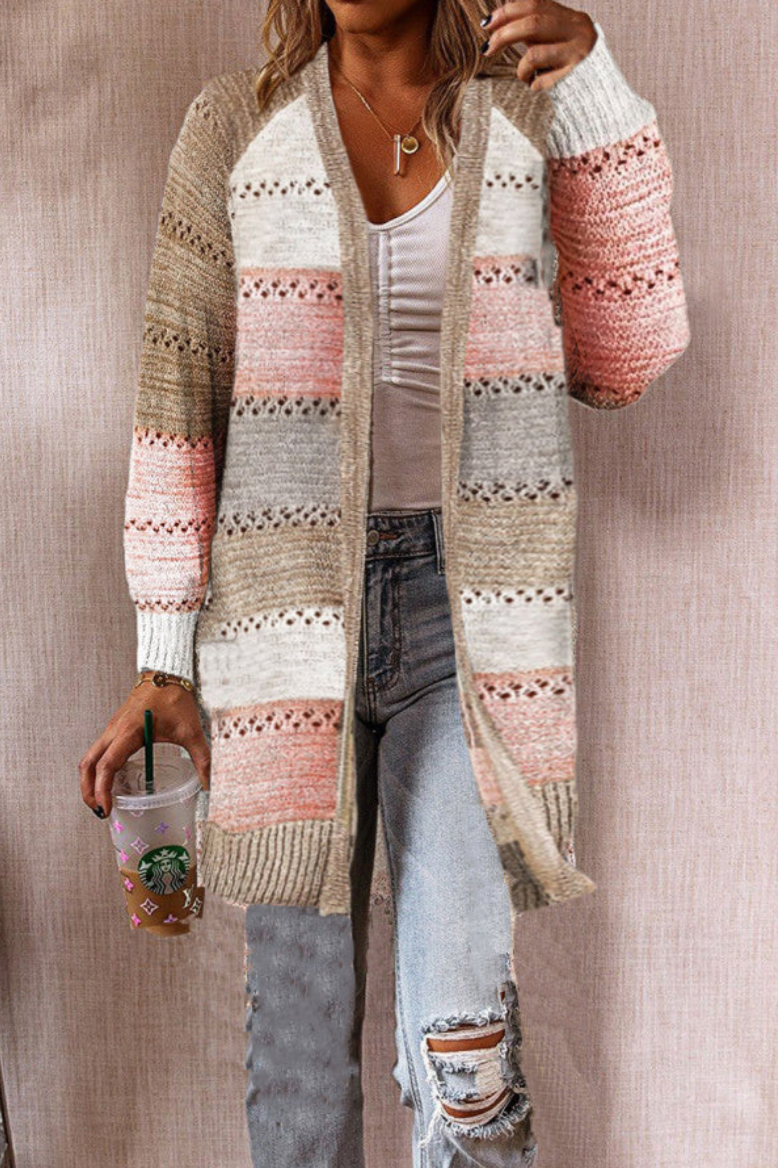 Women's Striped Open Knit Cardigan