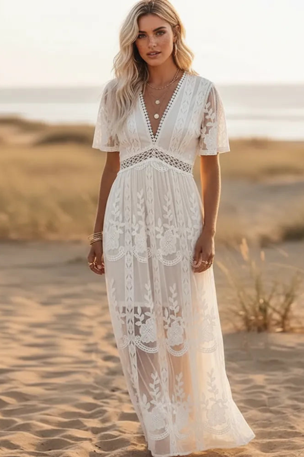 Boho White Lace Maxi Dress