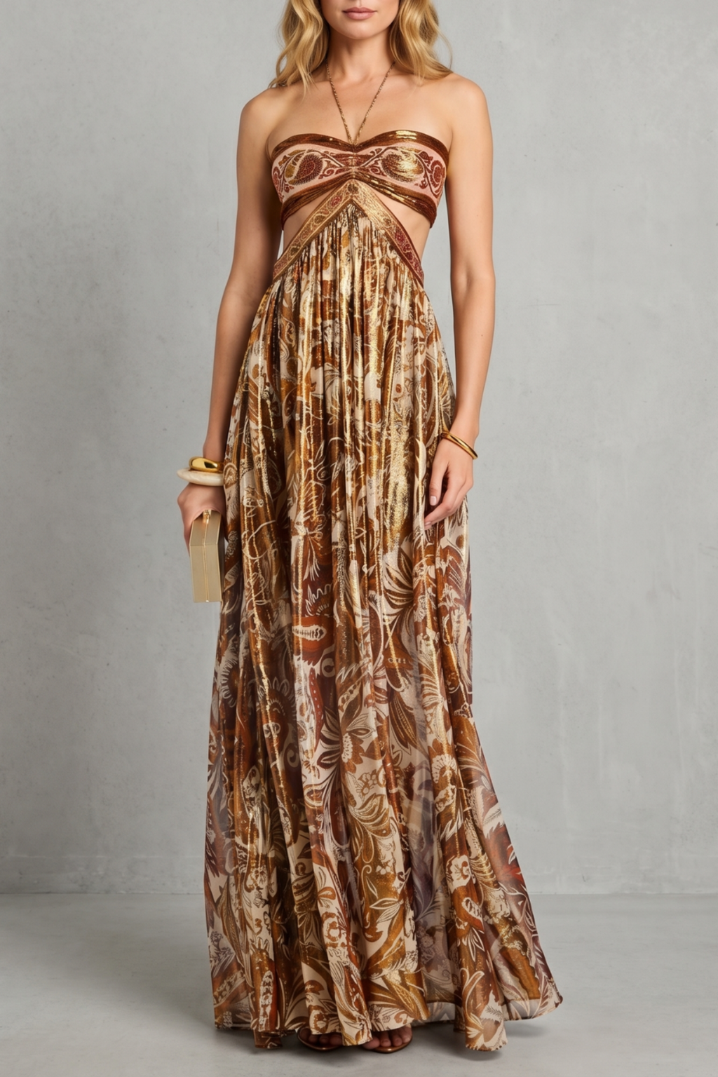 Paisley Print Halter Maxi Dress with Open Back Cutout Design