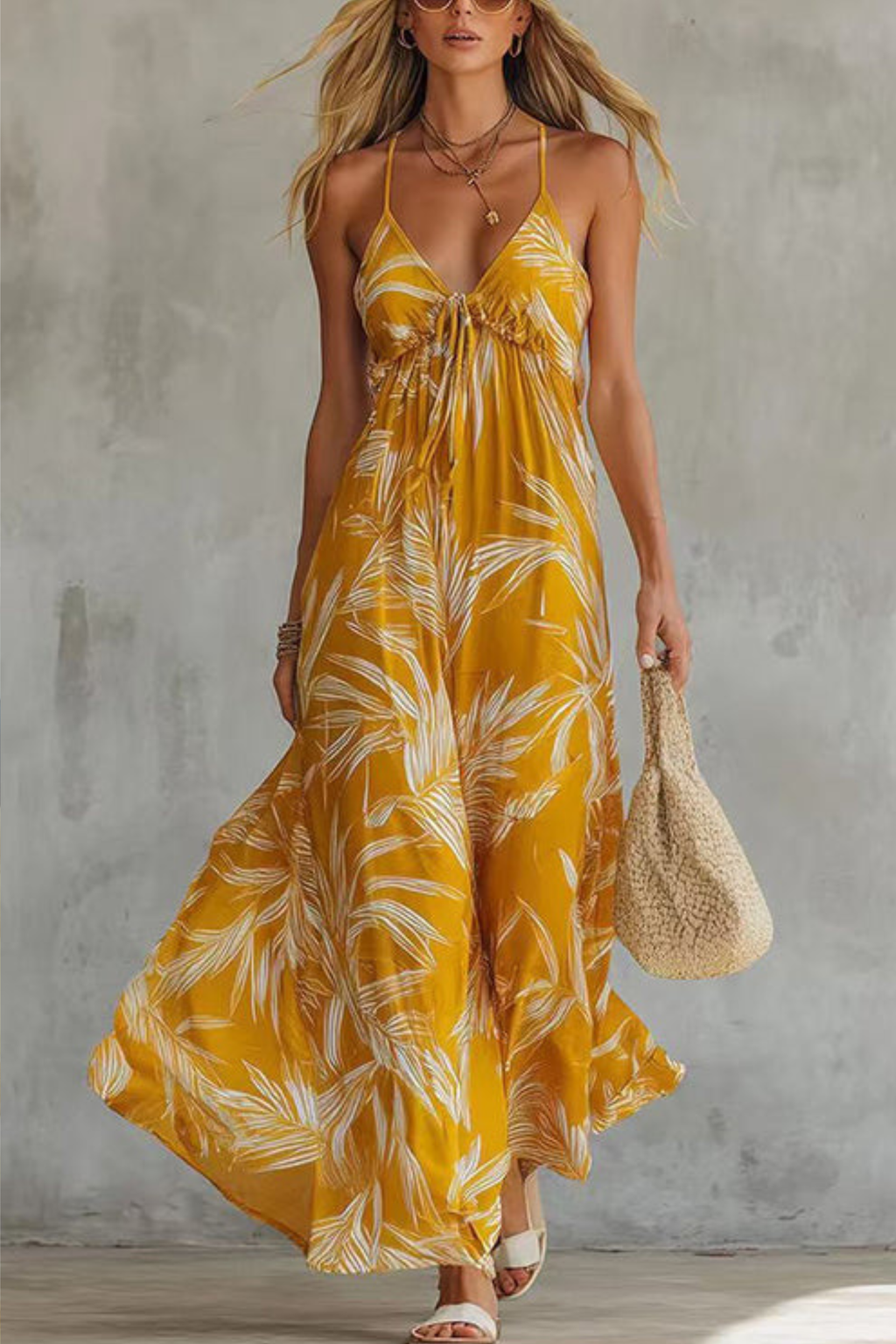 Printed Chiffon Spaghetti Strap V Neck Maxi Dress