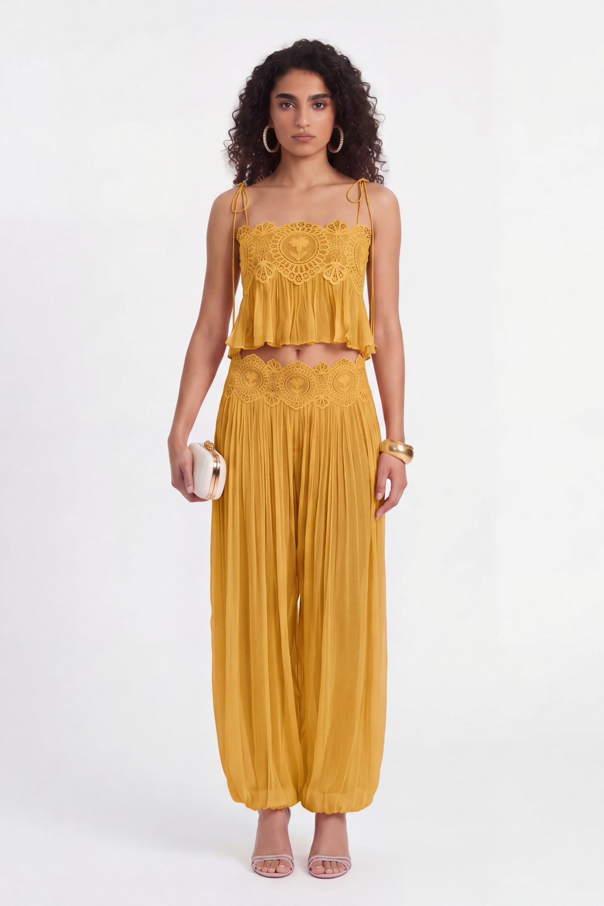 Blush Chiffon Two-Piece Set with Lace Trim Wide-Leg Pants