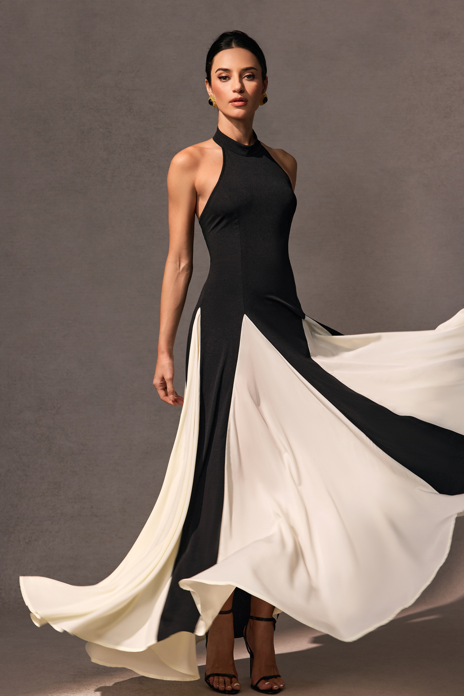Black White High Neck Formal A Line Maxi Dress