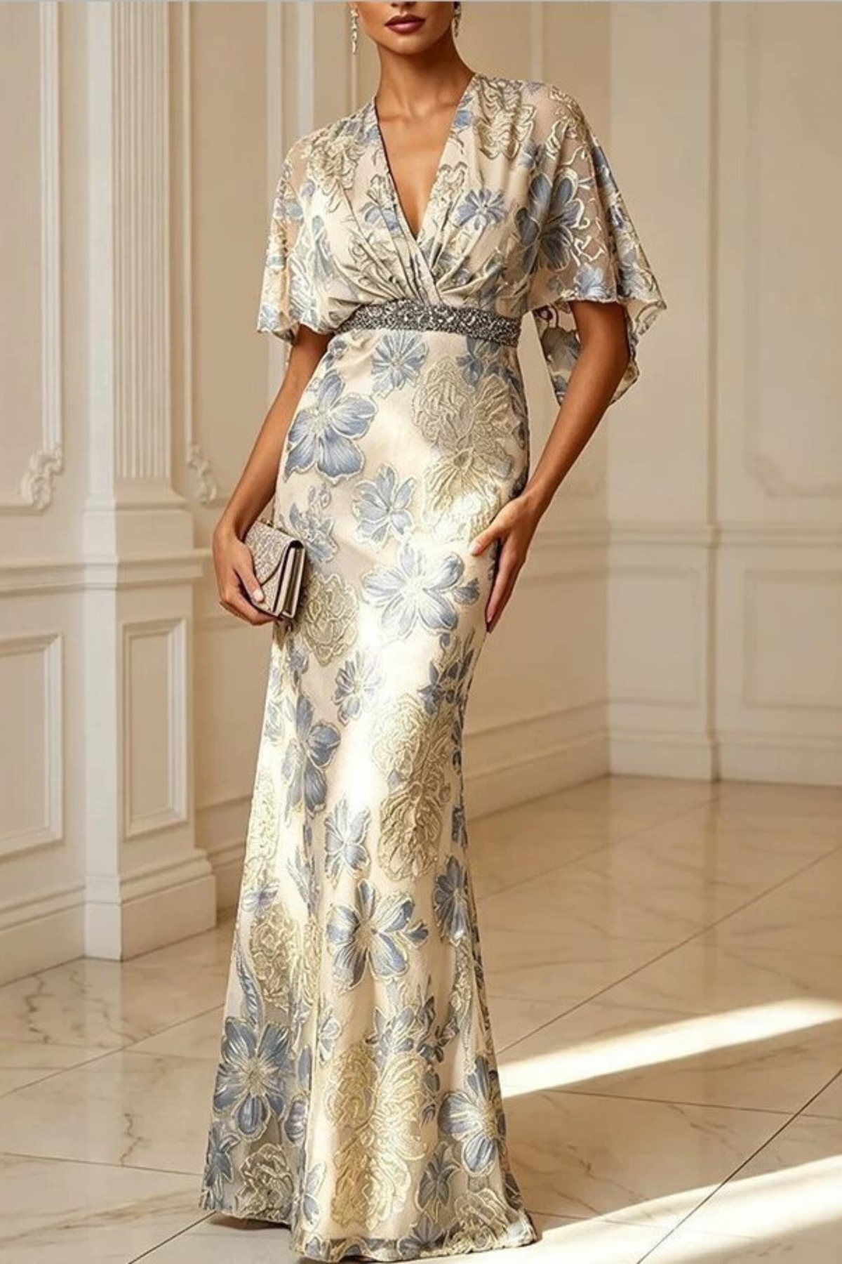 Floral Mermaid Cape Sleeve Beaded Gown