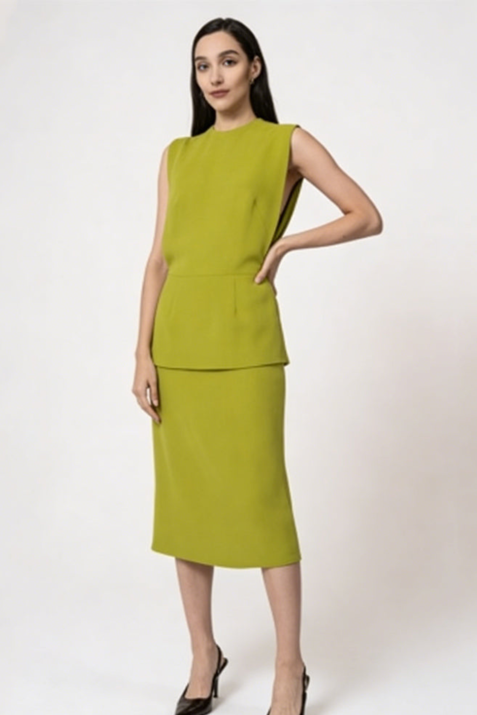 Olive Green Sleeveless Peplum Flare Midi Dr
