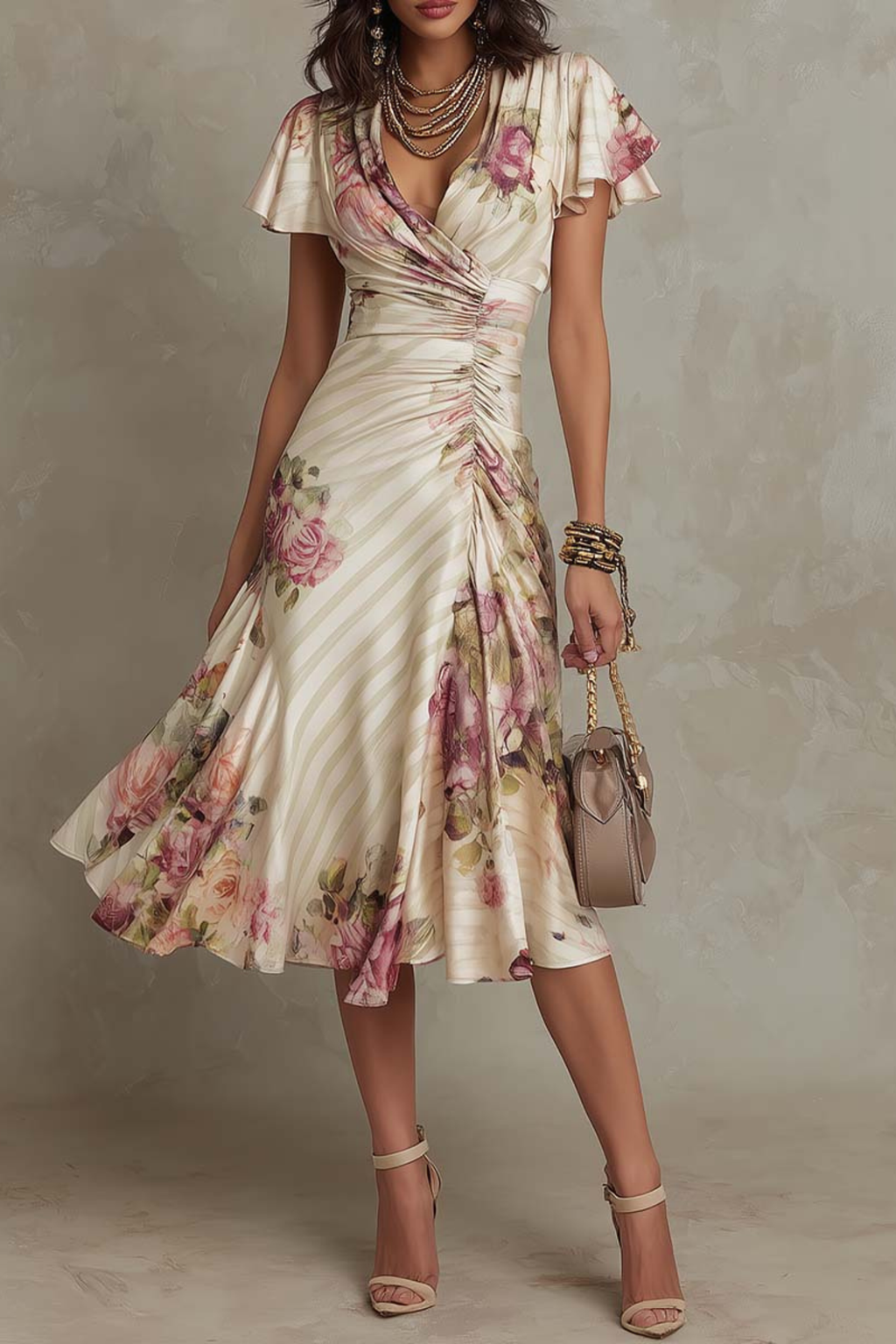 Floral Satin Midi Dress with Ruched Waist