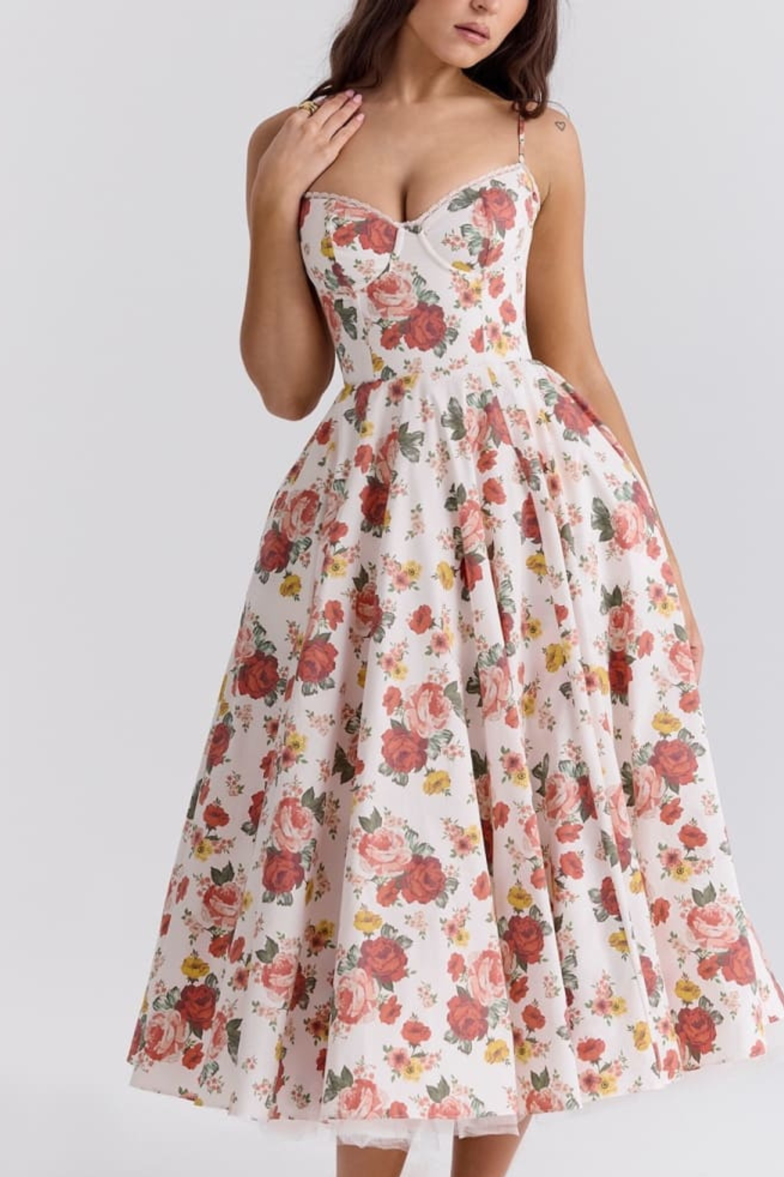 Rose Print Tulle Midi Dress Italian Style
