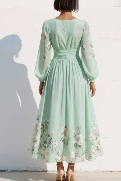 Green Floral Pleated Chiffon Midi Dress with V Neck