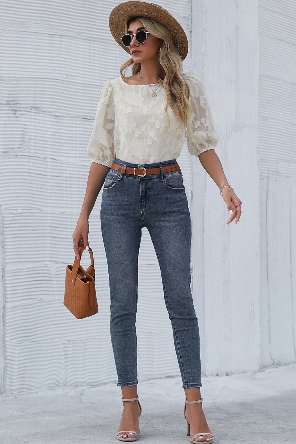 Floral Puff Sleeve Crew Neck Blouse