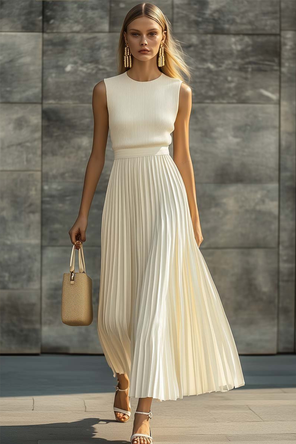 Sleeveless Knit Maxi Dress with Pleated Chiffon Skirt