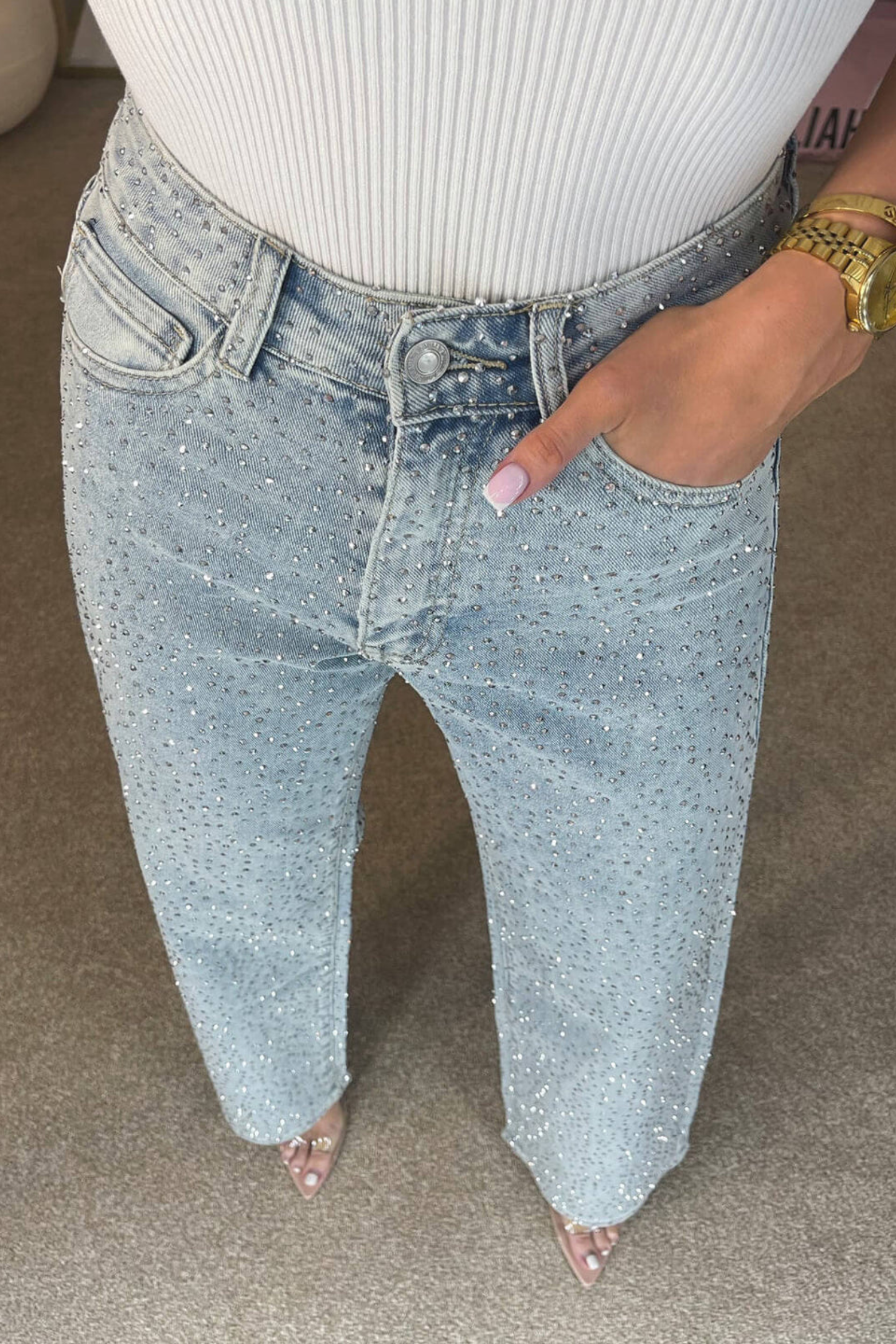 High Rise Embellished Straight Leg Jeans