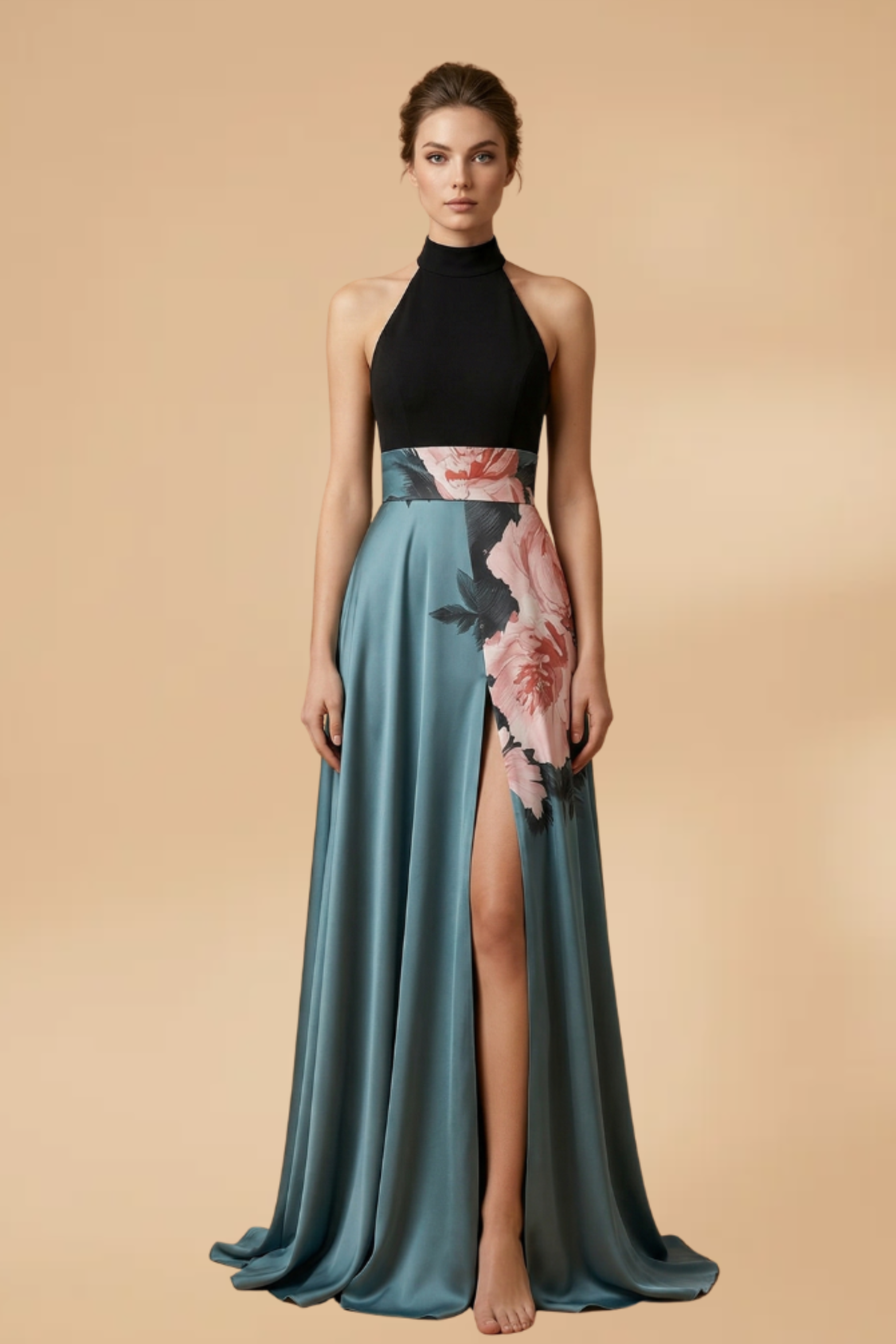 Floral Print A Line Maxi Dress with Slit Detail